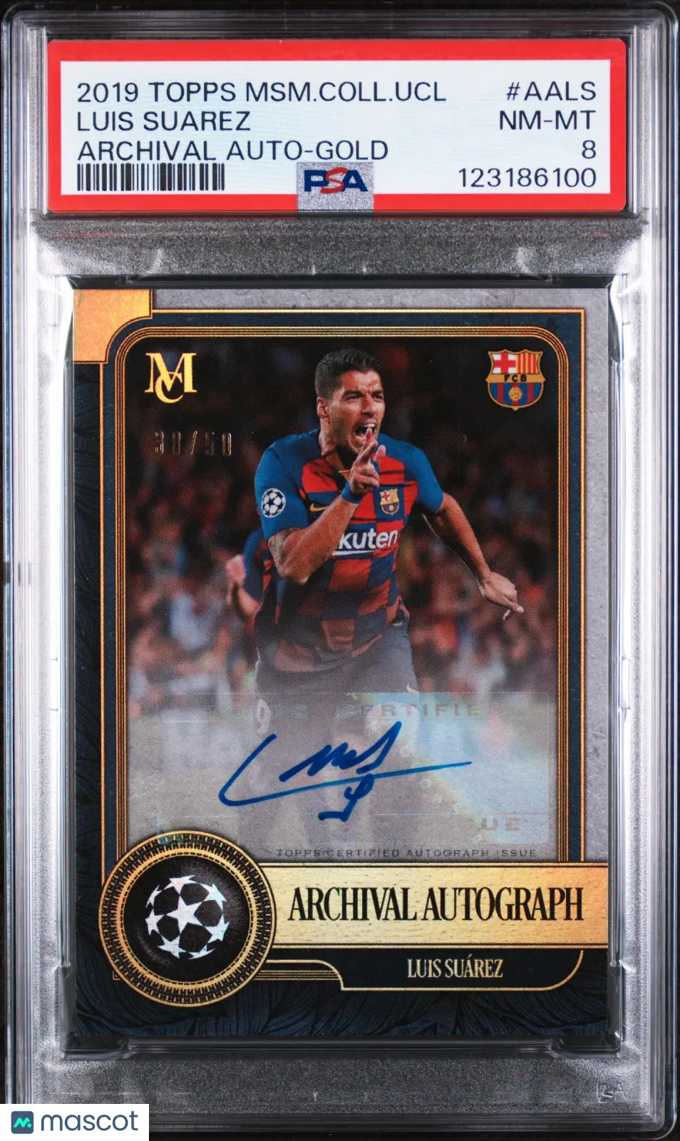2019 Topps Museum UEFA CL Archival Autographs Luis Suarez Gold /50 PSA 8 