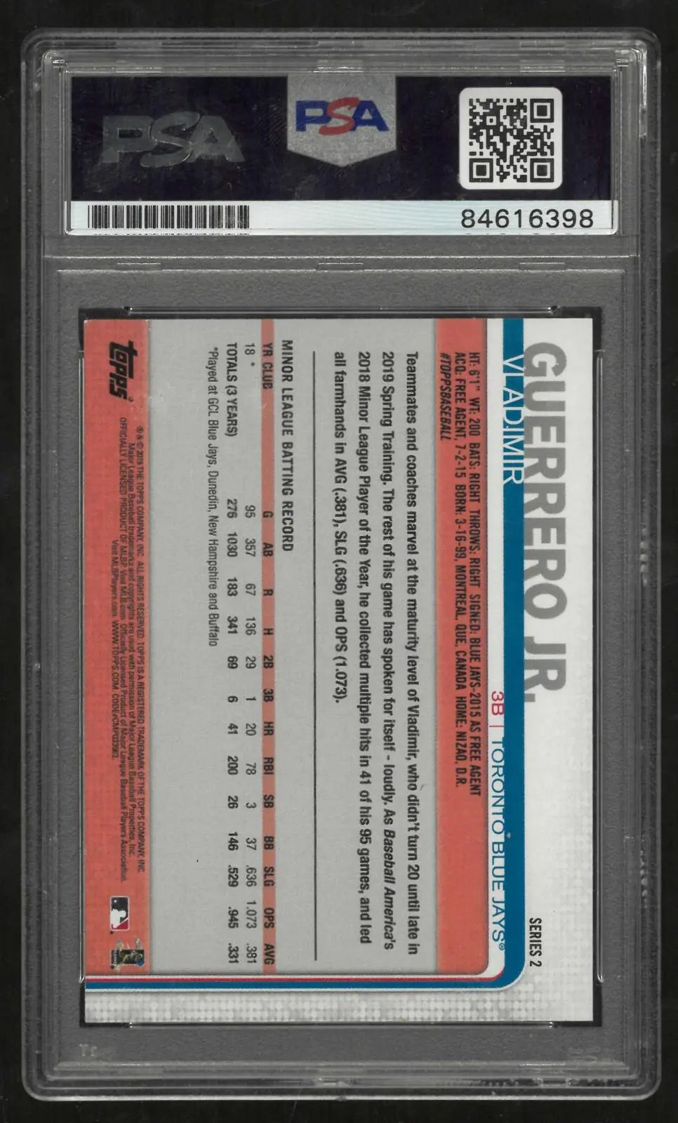 2019 Topps Series 2 Direct Autograph Rookie Vladimir Guerrero Jr. RC Auto PSA 10 