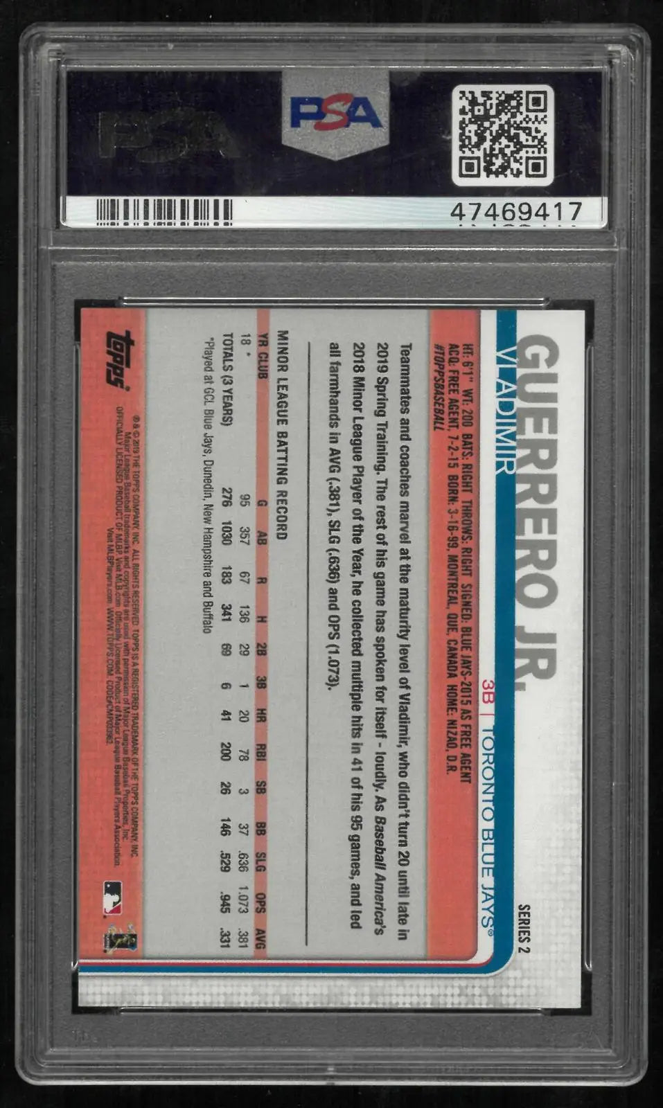 2019 Topps Series 2 Rookie Vladimir Guerrero Jr. RC Missing Card Number PSA 10 