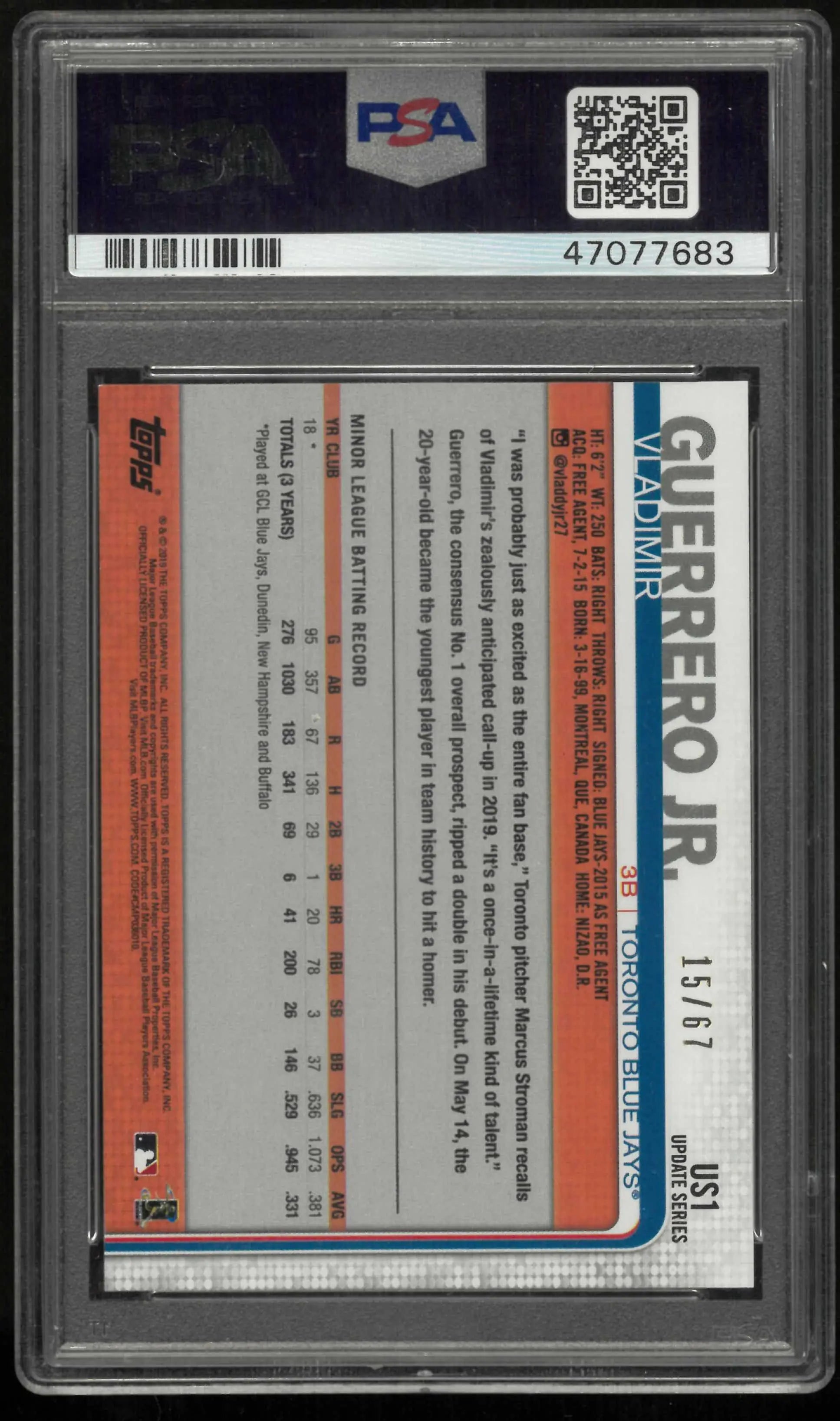 2019 Topps Update Rookie Vladimir Guerrero Jr. Black /67 RC PSA 9 