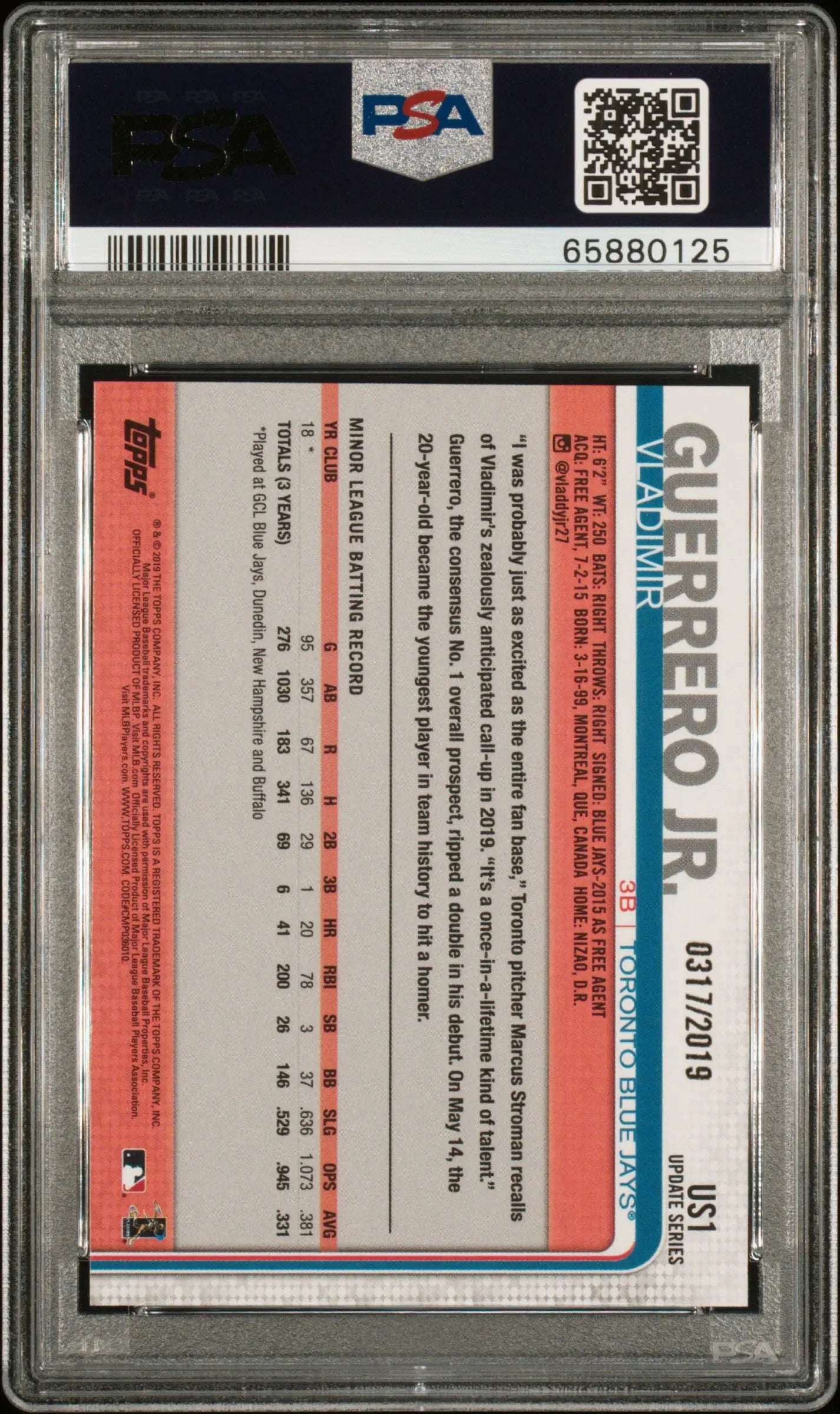2019 Topps Update Rookie Vladimir Guerrero Jr. Gold RC PSA 10 
