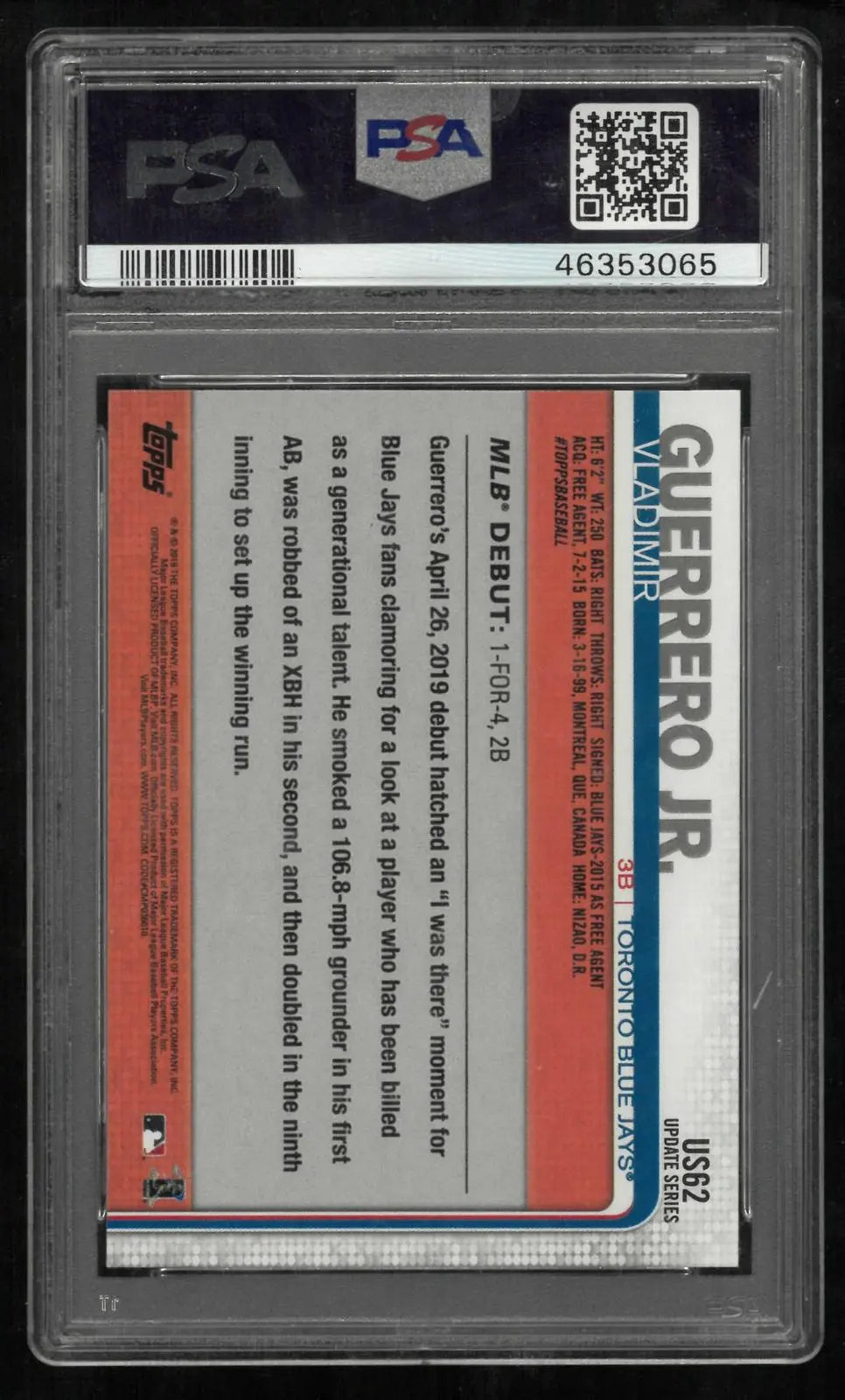 2019 Topps Update Rookie Vladimir Guerrero Jr. RC 150th Anniversary PSA 10 