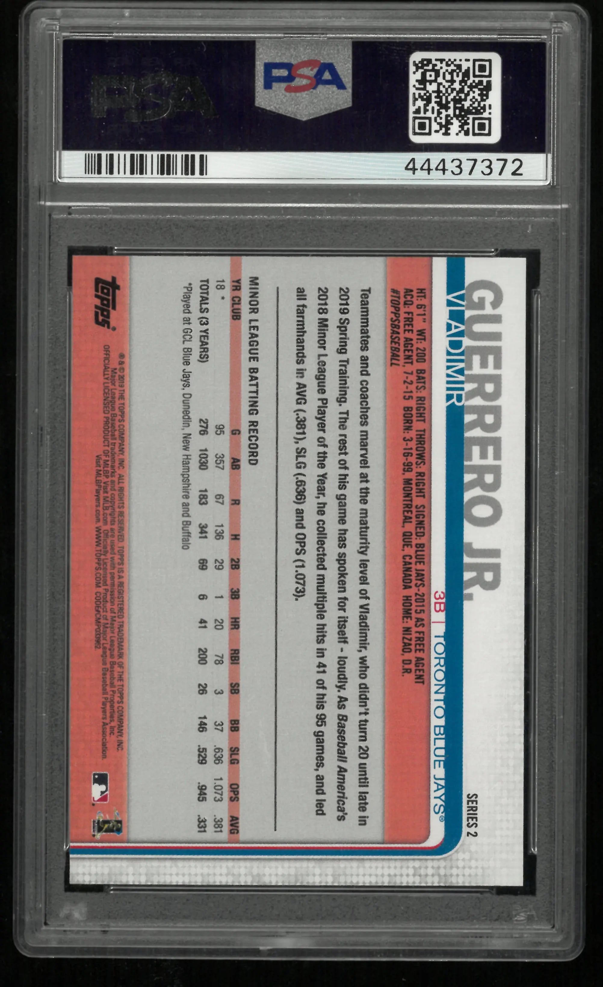 2019 Topps Vladimir Guerrero JR. Missing Card Number PSA 10 