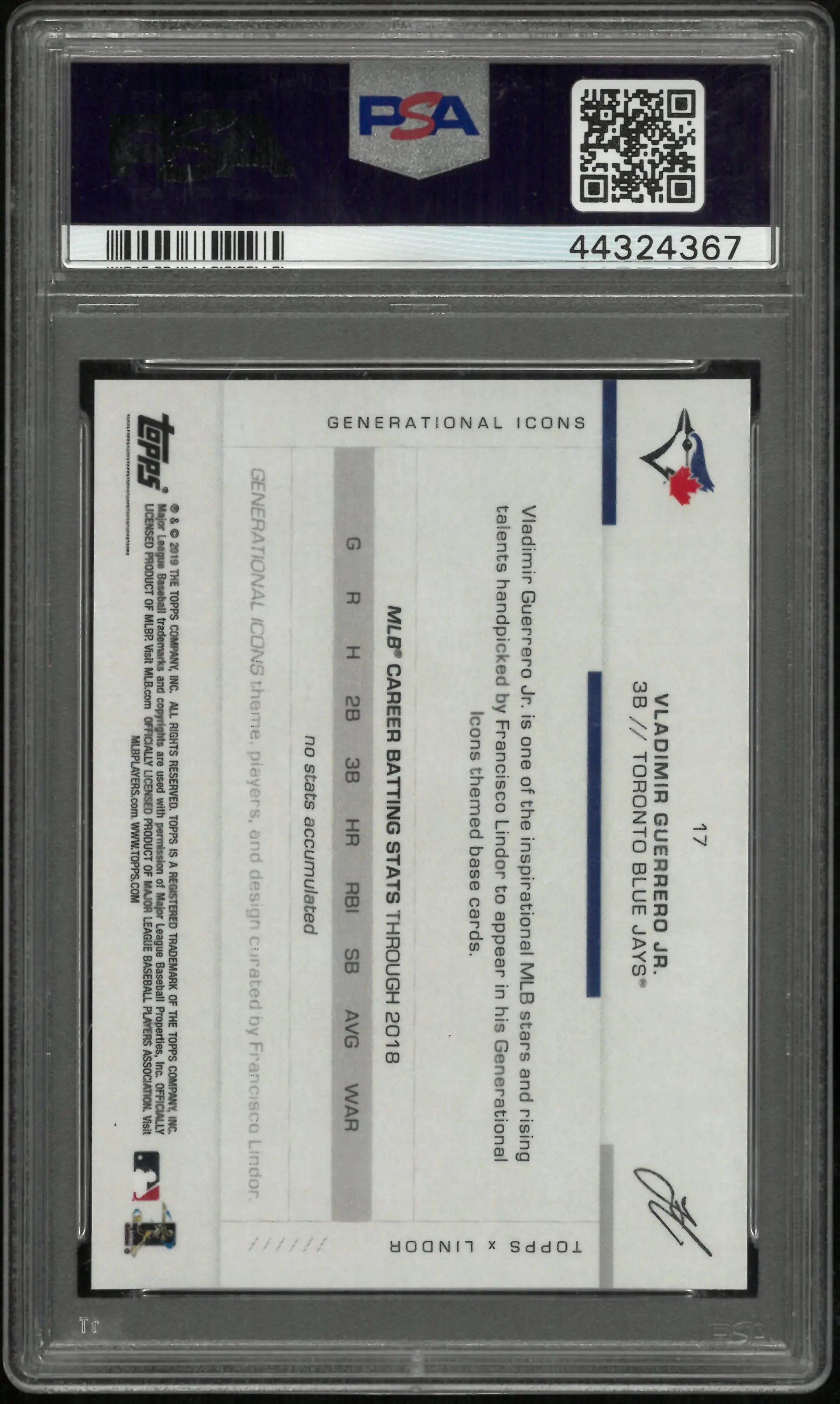 2019 Topps X Lindor Generational Icons Rookie Vladimir Guerrero JR. #17 PSA 10 