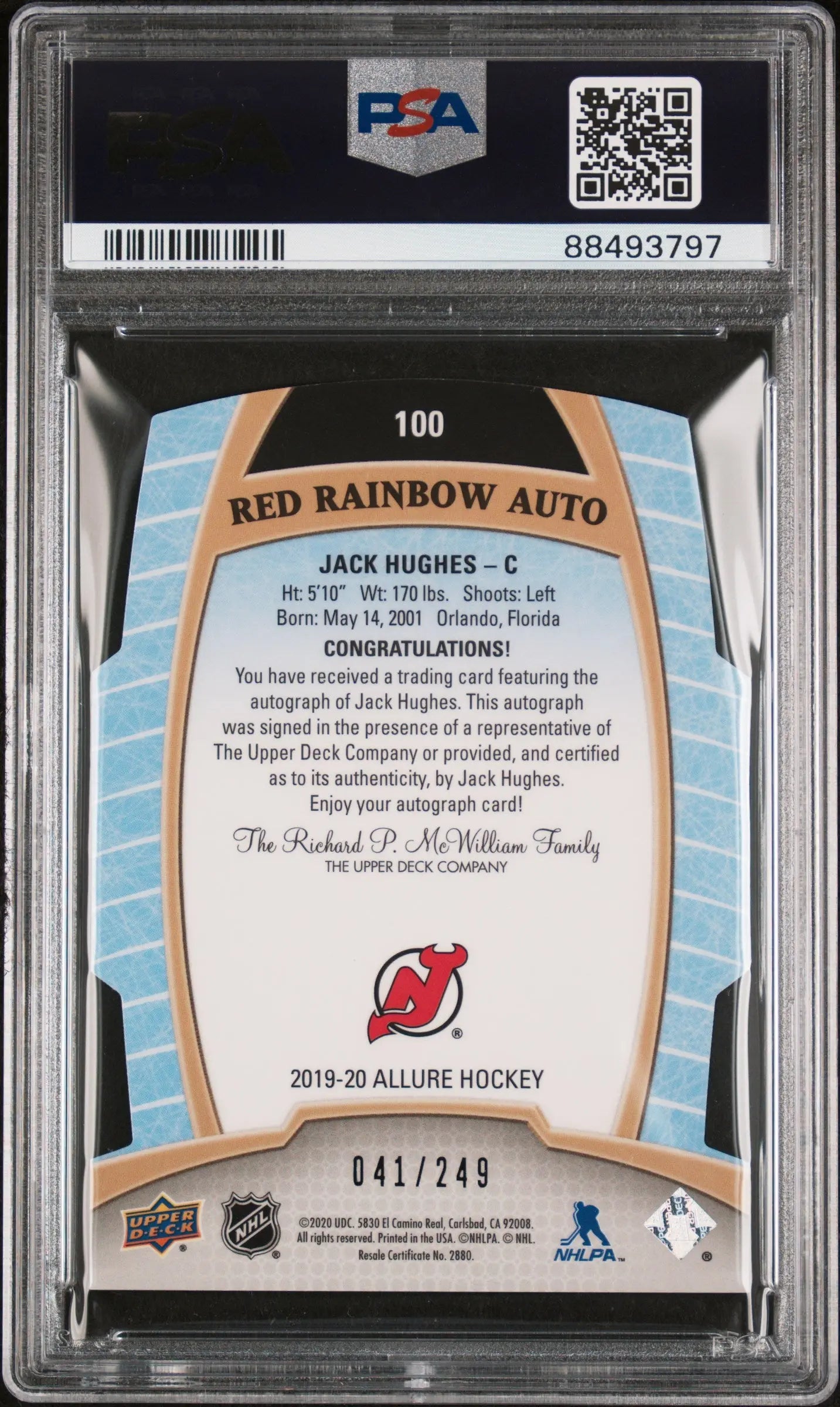 2019 UD Allure Jack Hughes Red Rainbow Autograph Auto PSA 10 Auto 9 /249 