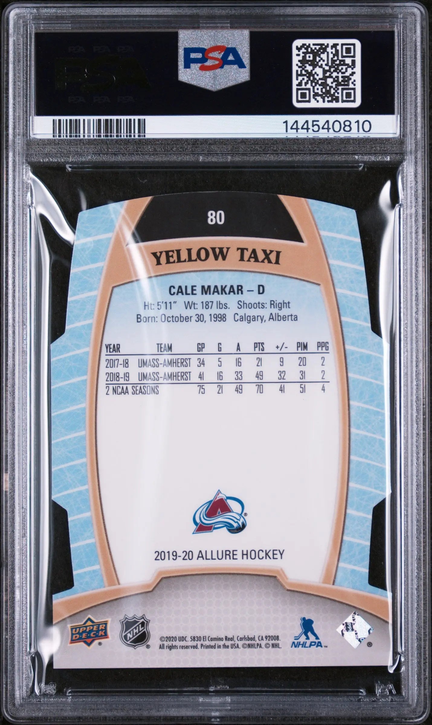 2019 Upper Deck Allure Yellow Taxi Rookie Cale Makar #80 PSA 10 