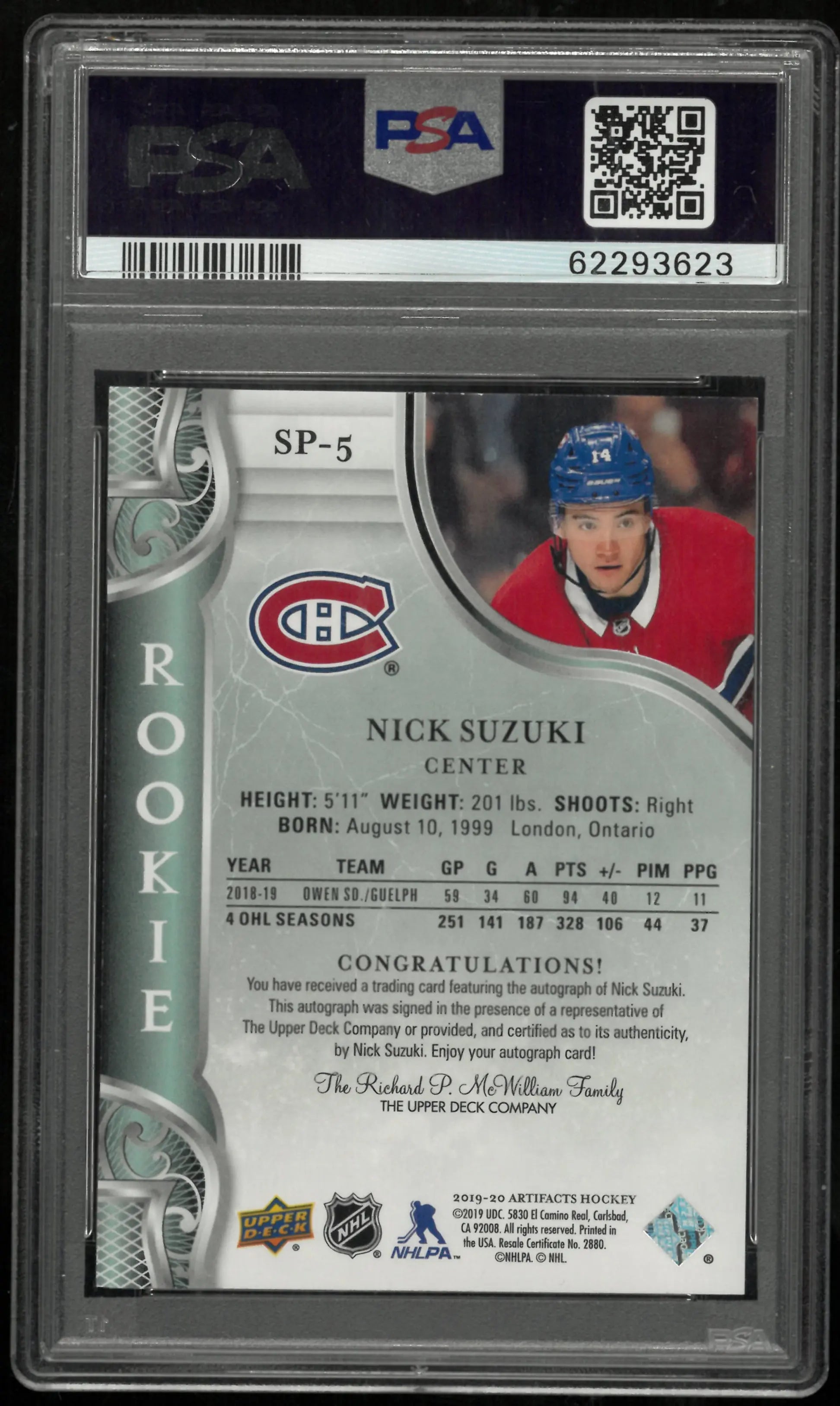 2019 Upper Deck Artifacts SP Rookie Redemption Rare Nick Suzuki Auto PSA 10 1/25 