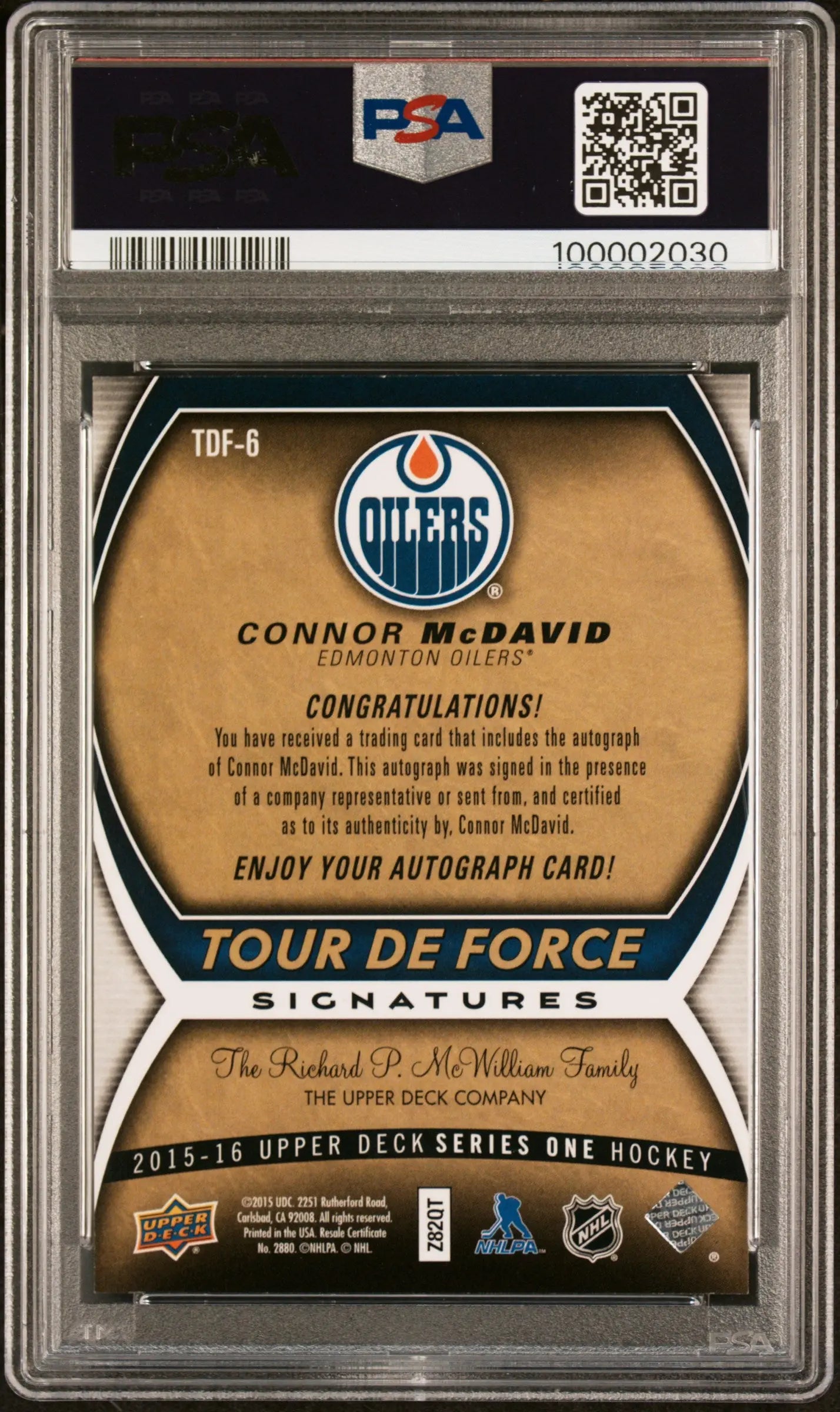 2019 Upper Deck Buyback Autograph Connor McDavid 2015 UD Tour De Force /10 PSA 7 