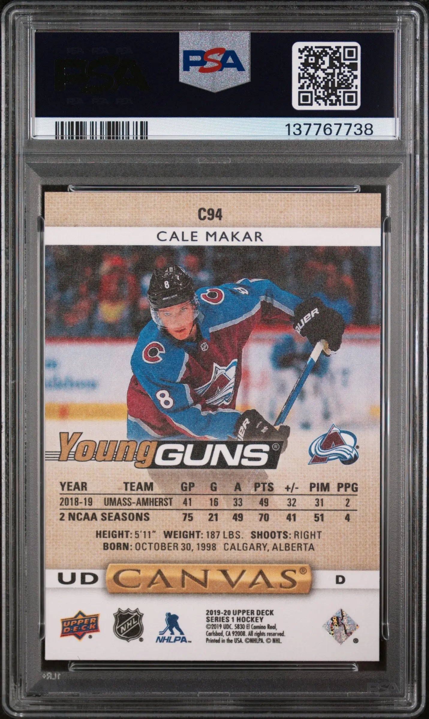 2019 Upper Deck Canvas Cale Makar #C94 PSA 10 