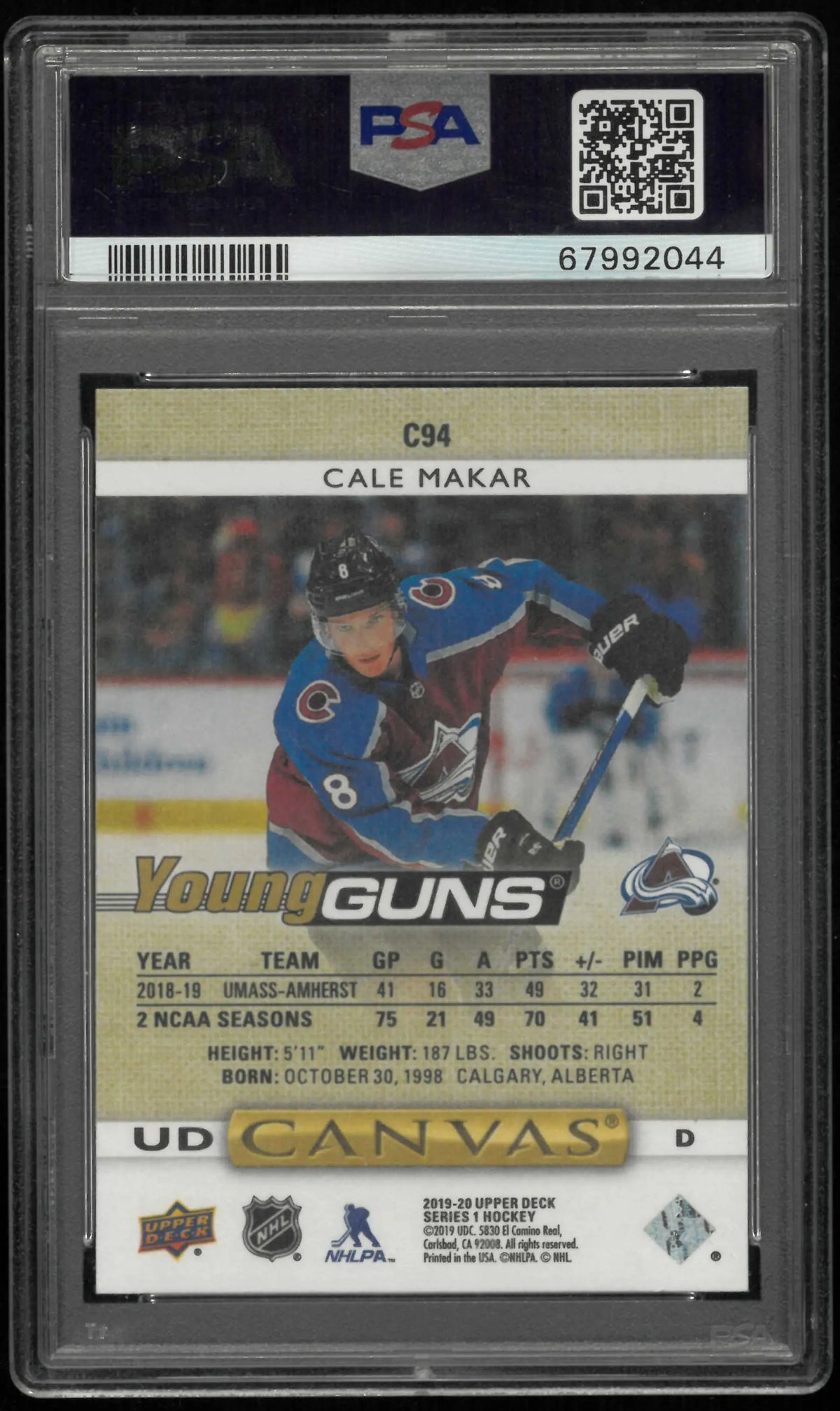 2019 Upper Deck Canvas Series 1 Young Guns Rookie Cale Makar RC PSA 10 