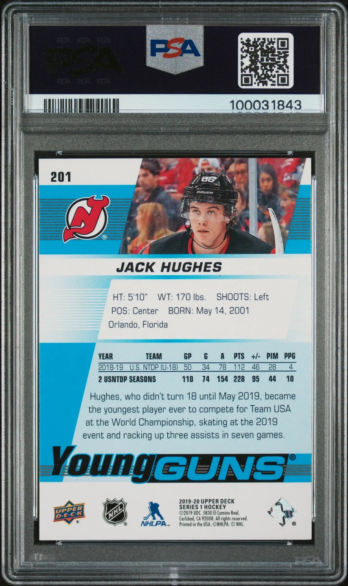 2019 Upper Deck Jack Hughes #201 PSA 9 