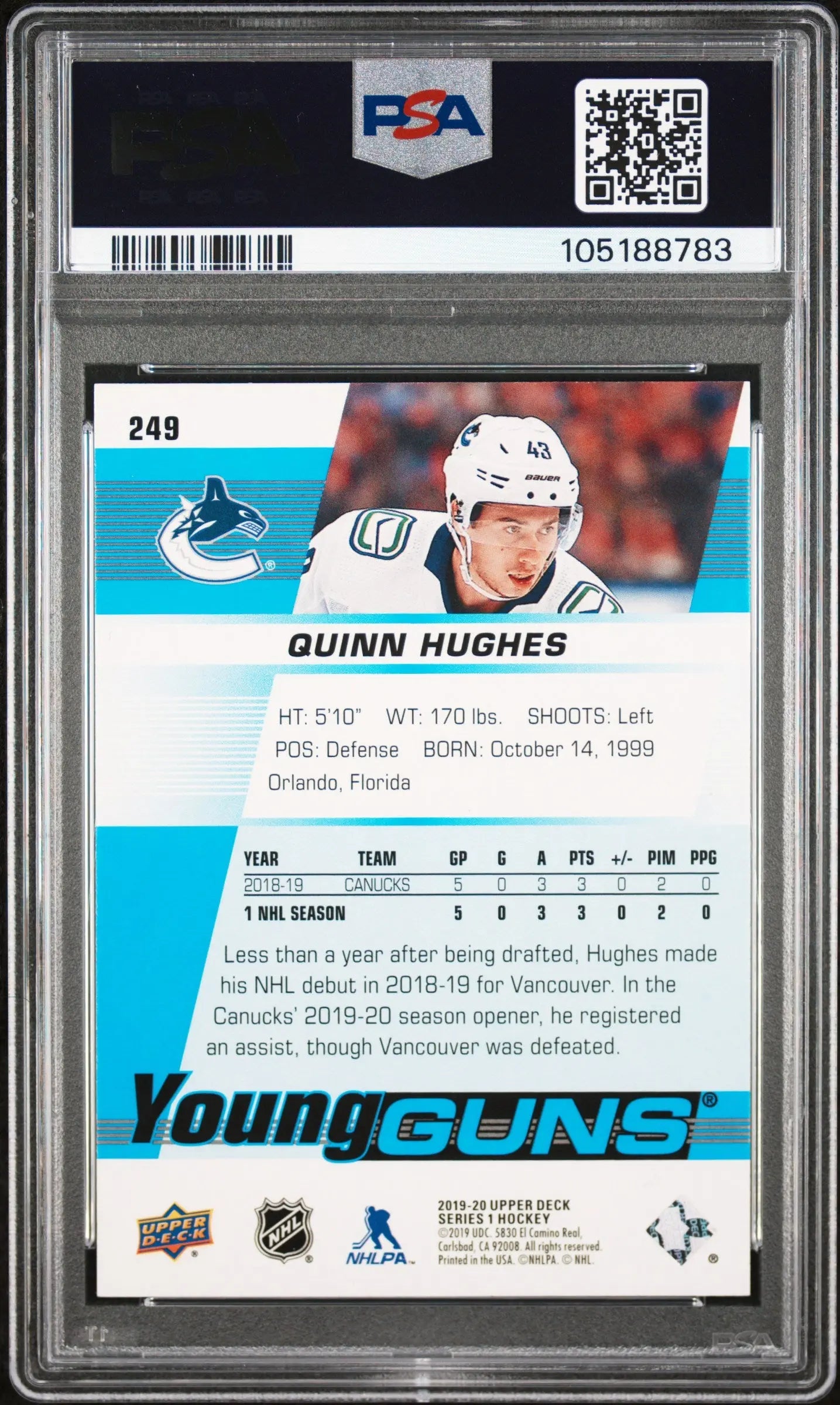 2019 Upper Deck Quinn Hughes Young Guns RC Rookie #249 PSA 9 
