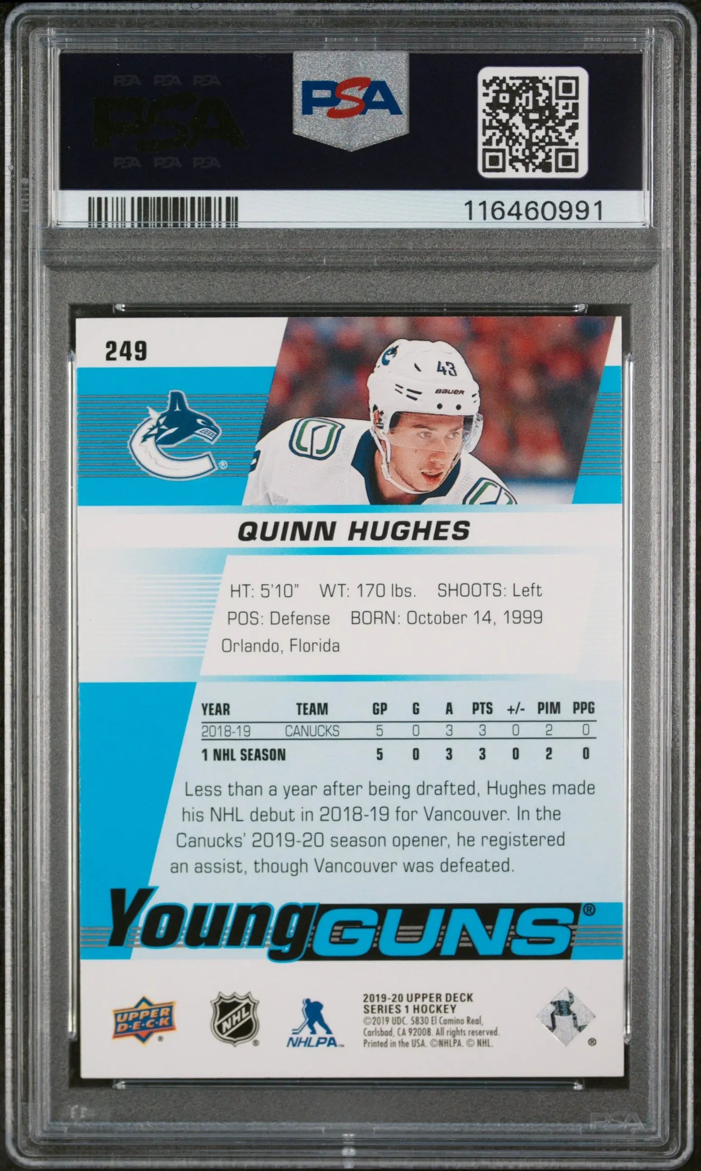 2019 Upper Deck Series 1 Young Guns Rookie Quinn Hughes RC PSA 10 