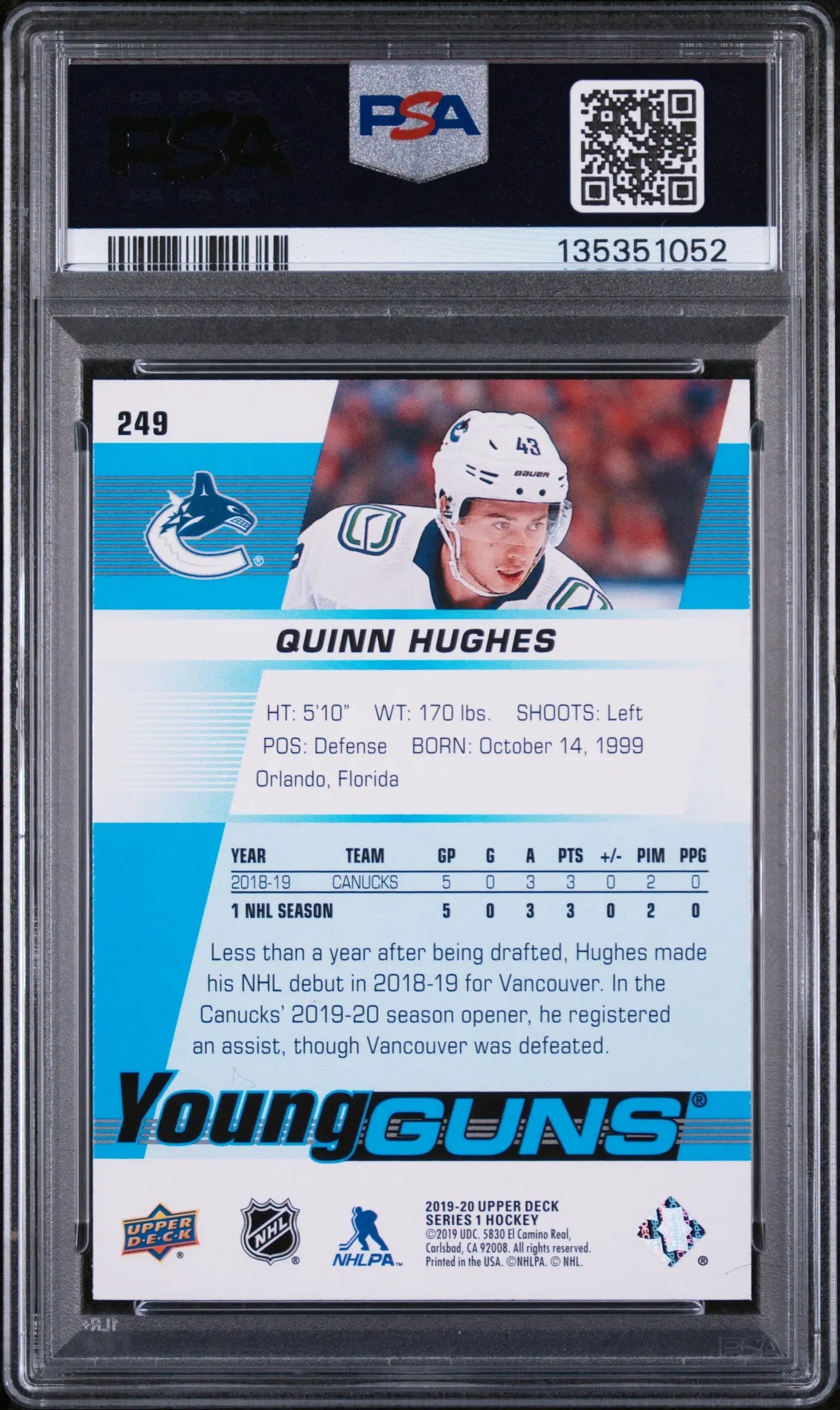 2019 Upper Deck Series 1 Young Guns Rookie Quinn Hughes RC PSA 10 
