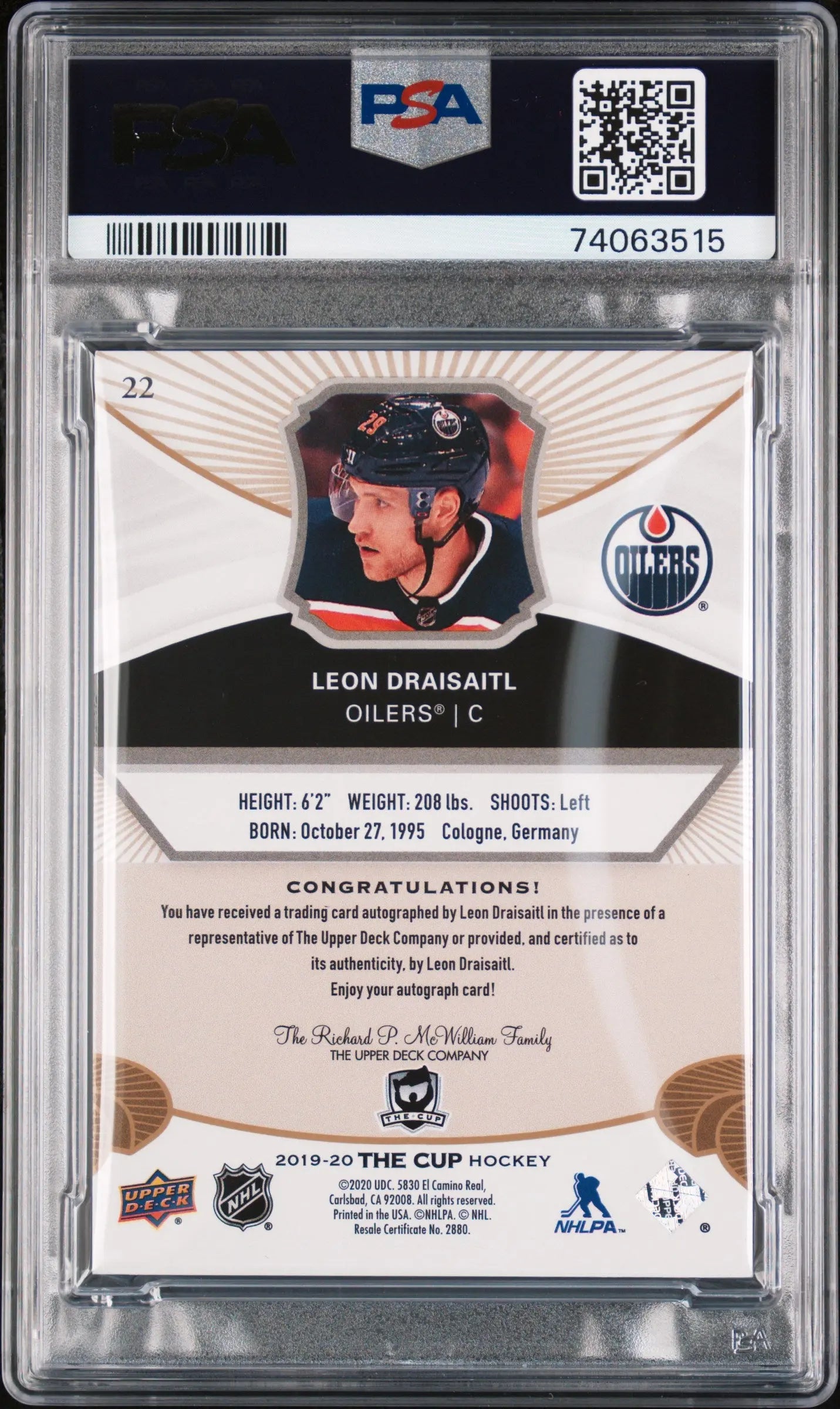 2019 Upper Deck The Cup Leon Draisaitl Gold Spectrum Foil Autograph /12 PSA 9 