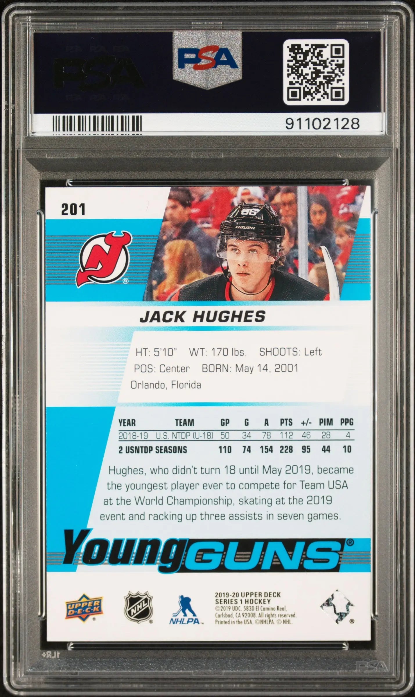 2019 Upper Deck Young Guns Jack Hughes RC Rookie #201 PSA 10 