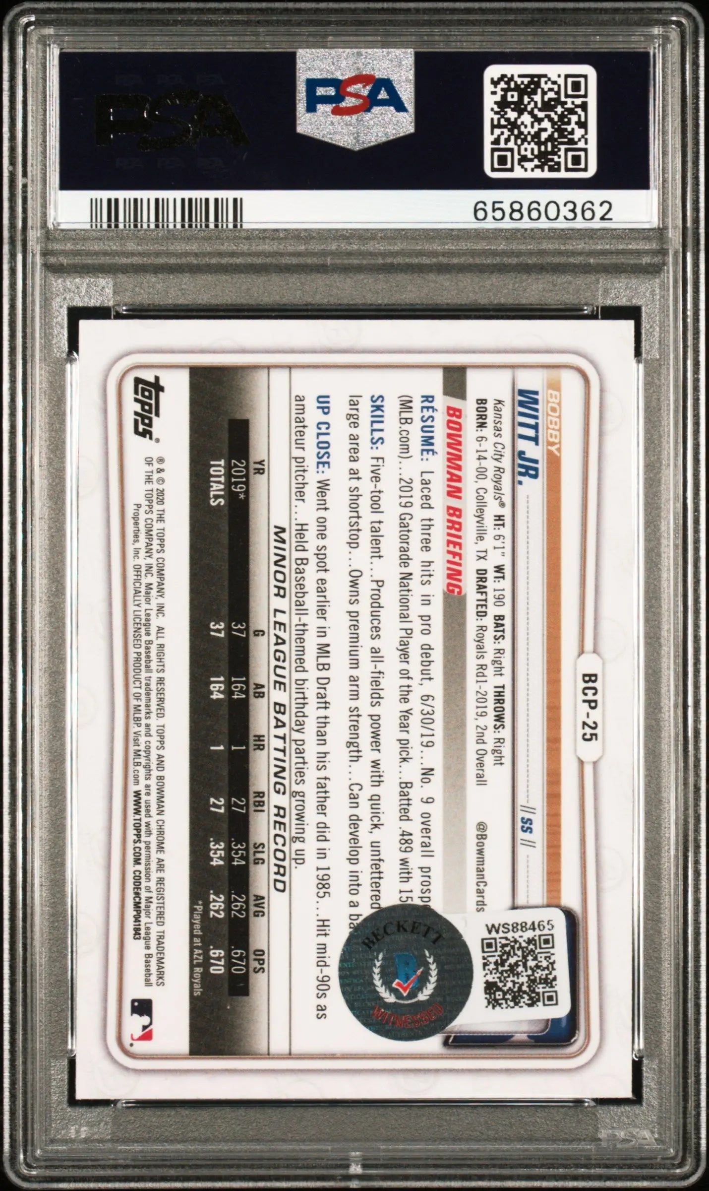 2020 1st Bowman Chrome Sapphire Edition Bobby Witt JR. RC Auto PSA 10 Auto 10 