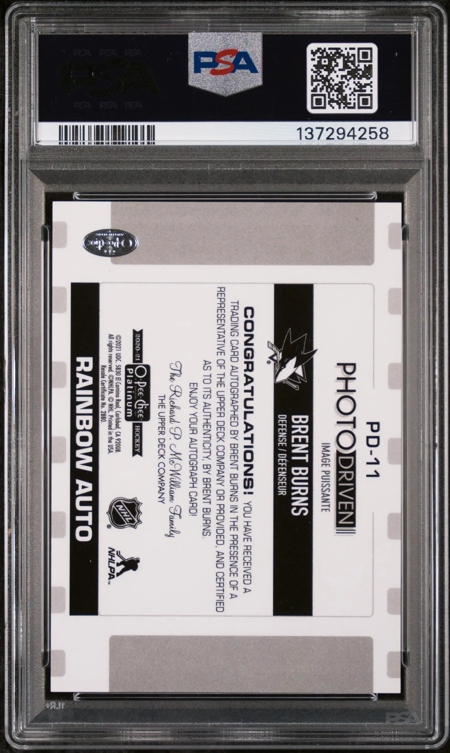2020-21 O-Pee-Chee Platinum Photo Driven Rainbow Auto Brent Burns PSA 10 
