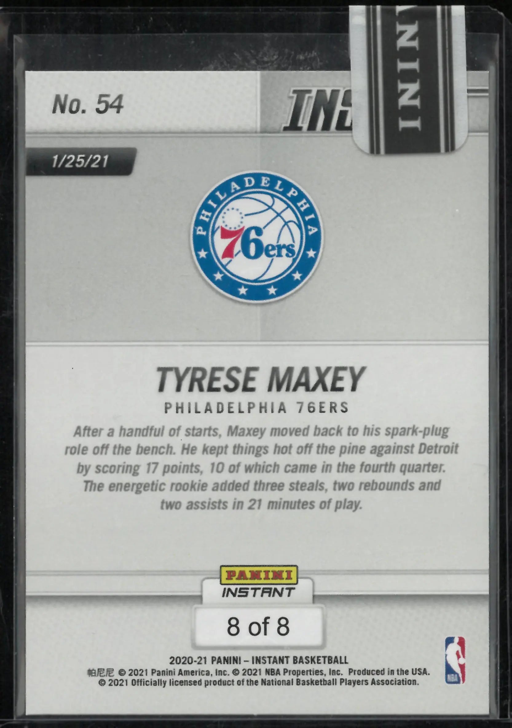 2020-21 Panini Instant Tyrese Maxey Rookie RC 8/8 