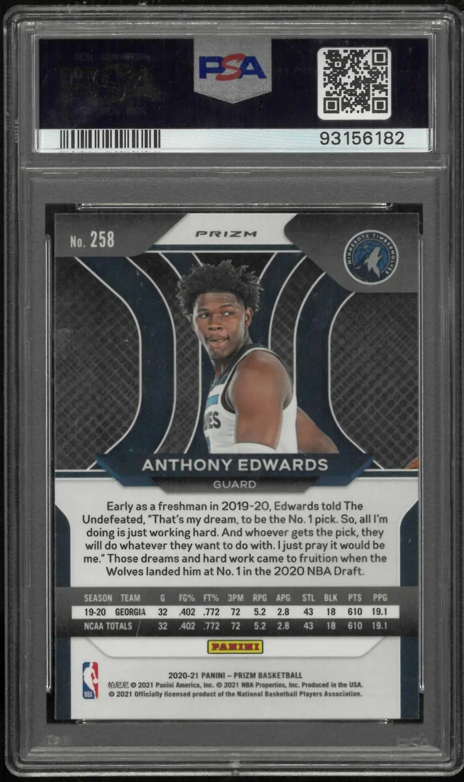 2020-21 Panini Prizm Rookie Anthony Edwards Green Prizm RC PSA 9 