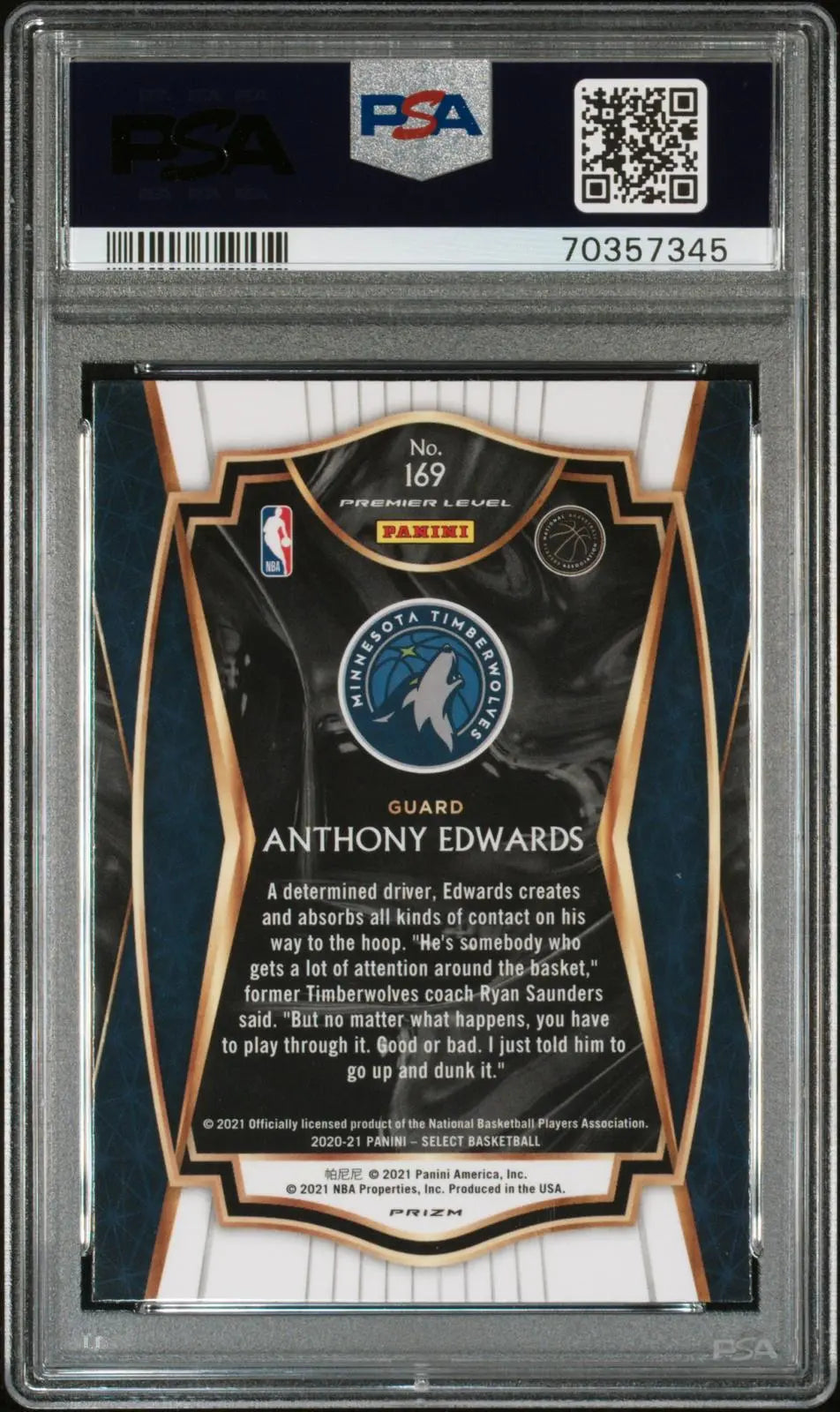 2020-21 Panini Select Premier Rookie Anthony Edwards RC Silver Prizm PSA 10 