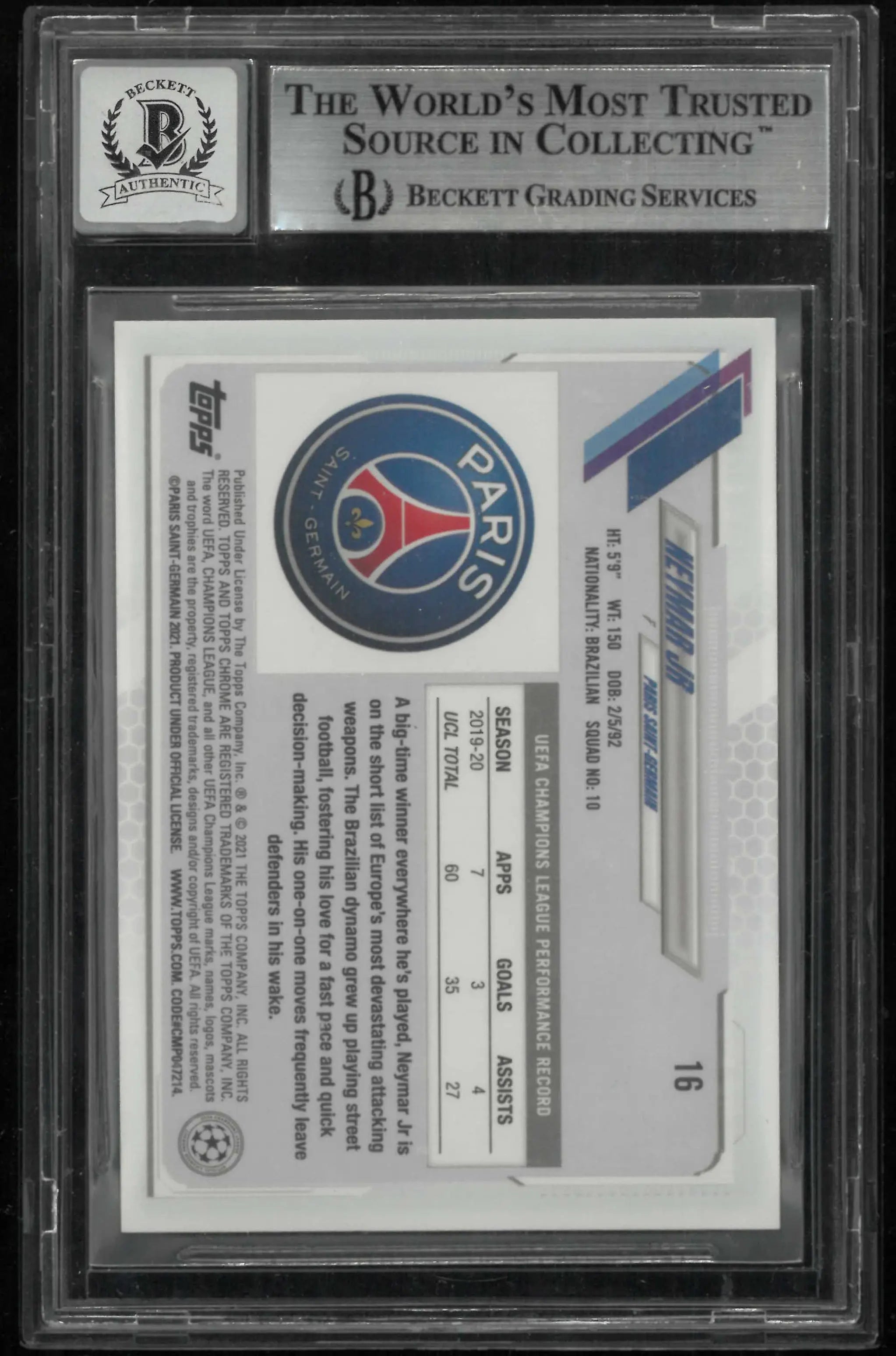 2020-21 Topps Chrome Sapphire UCL Autograph Neymar Jr Auto BGS 10 Auto 