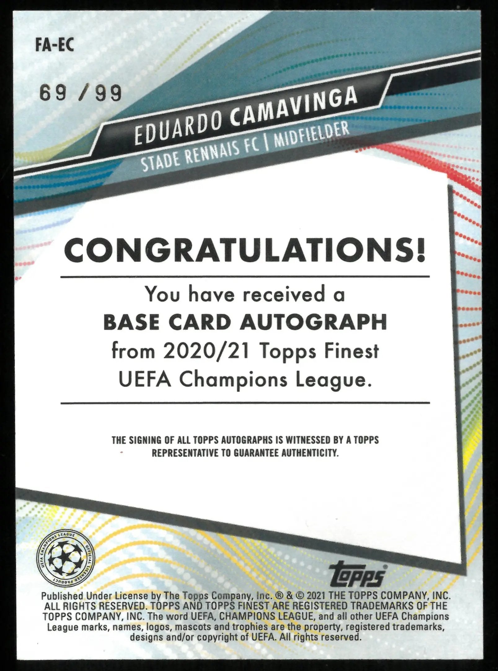 2020-21 Topps Finest UEFA CL Eduardo Camavinga RC Green Wave Auto /99 