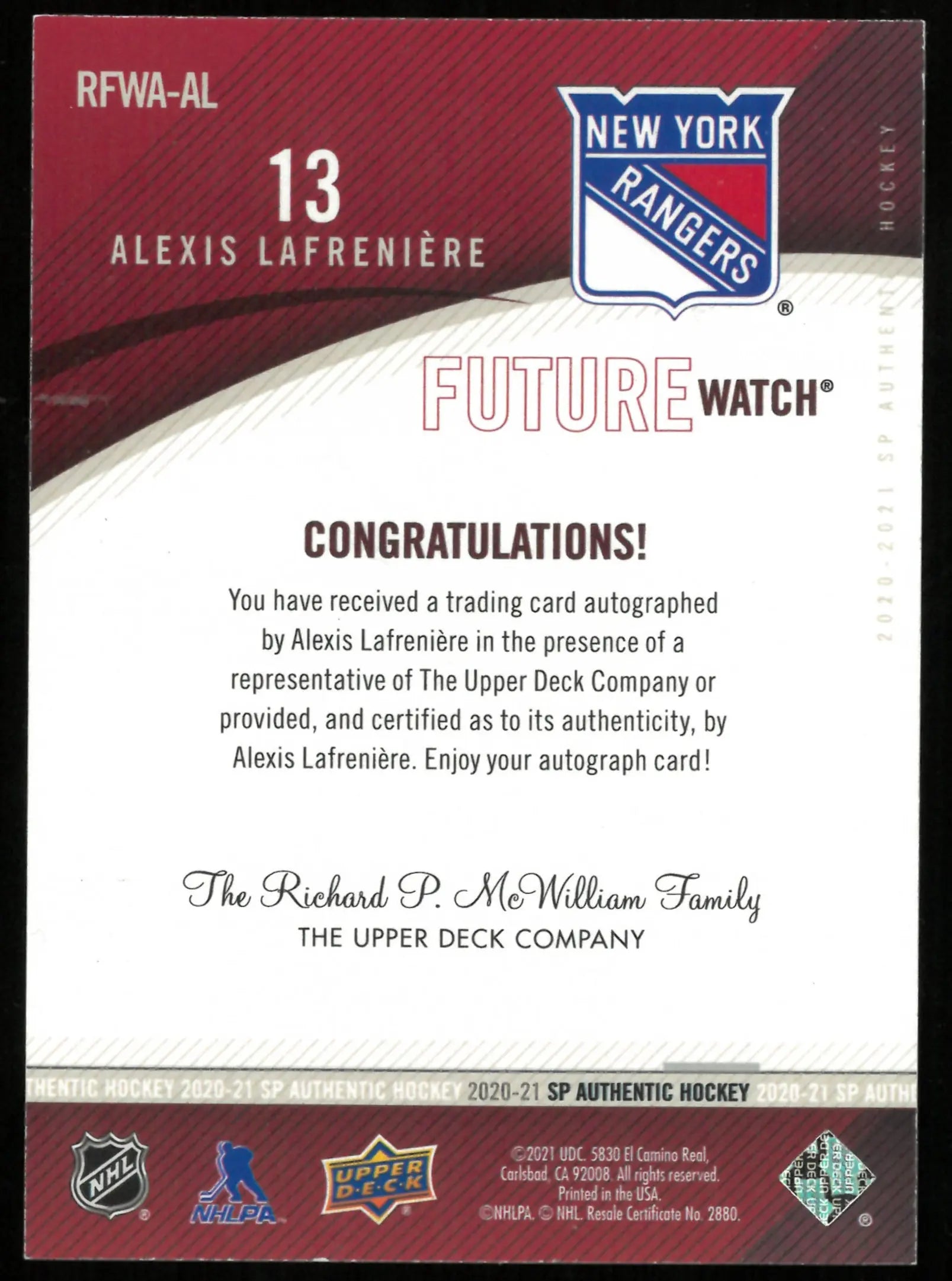 2020-21 UD SP Authentic Alexis Lafreniere Future Watch Auto /49 