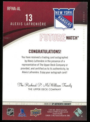 2020-21 UD SP Authentic Alexis Lafreniere Future Watch Auto /49 