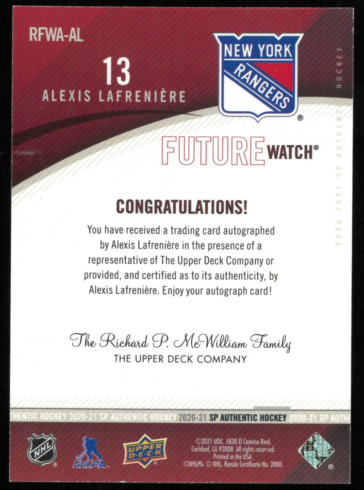 2020-21 UD SP Authentic Alexis Lafreniere Future Watch Auto /49 