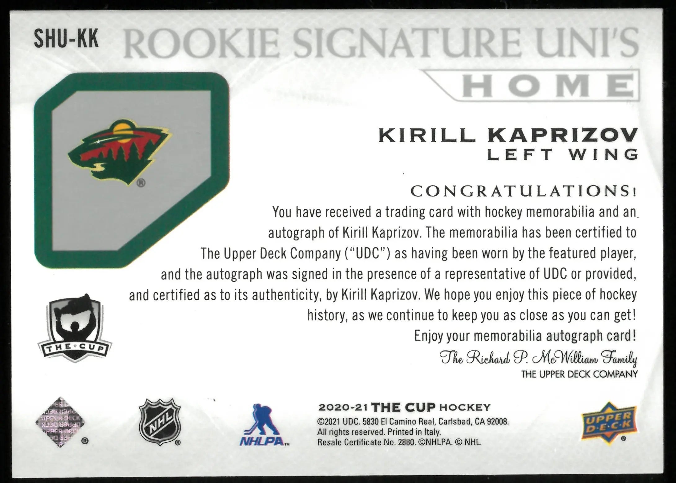 2020-21 UD The Cup Hockey Kirill Kaprizov RC Rookie Quad Patch Auto /49 