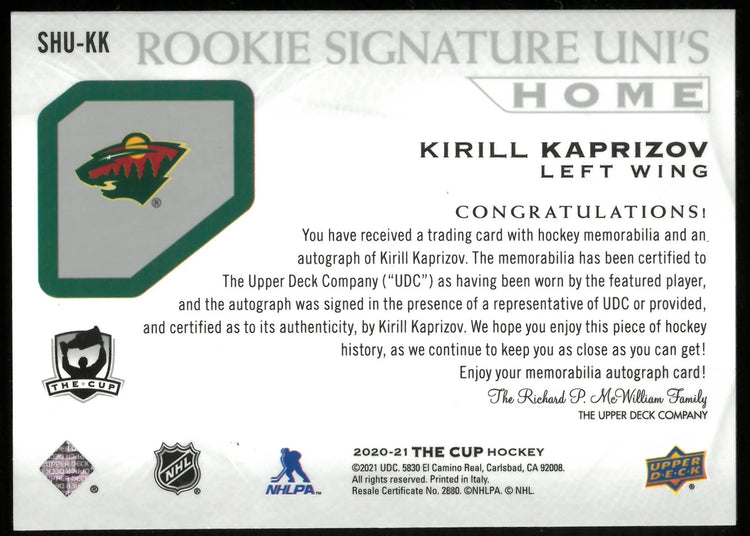 2020-21 UD The Cup Hockey Kirill Kaprizov RC Rookie Quad Patch Auto /49 