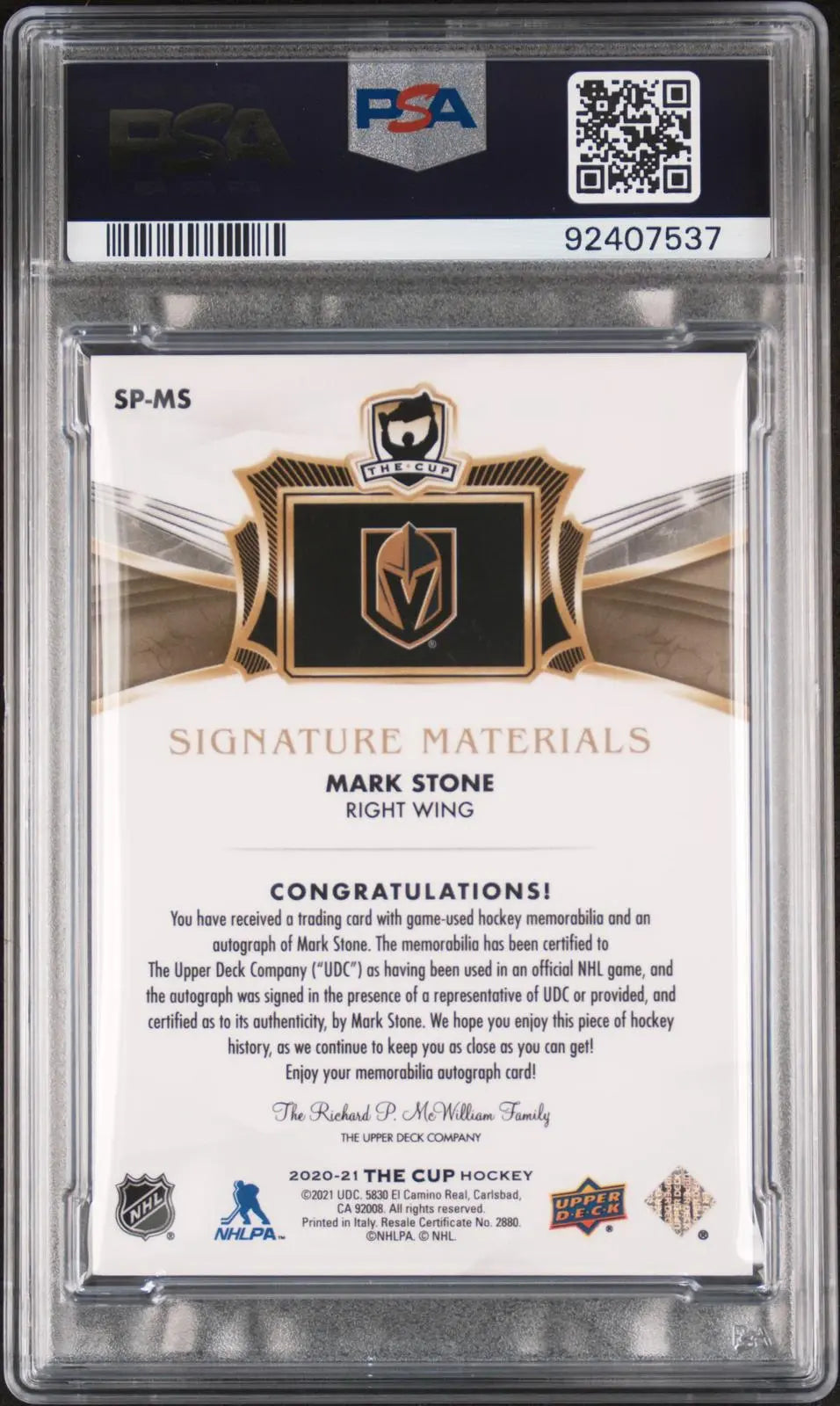 2020-21 UD The Cup Signature Materials Autograph Patch Mark Stone /25 PSA 9 