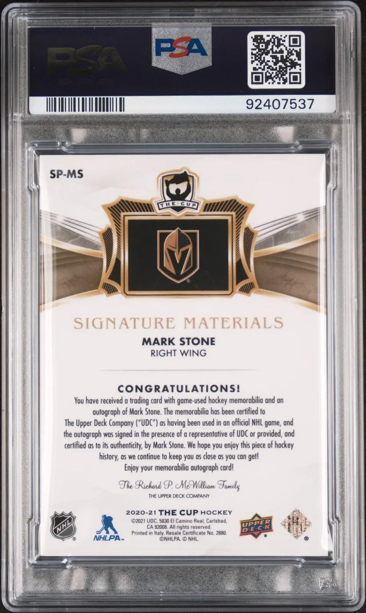 2020-21 UD The Cup Signature Materials Autograph Patch Mark Stone /25 PSA 9 