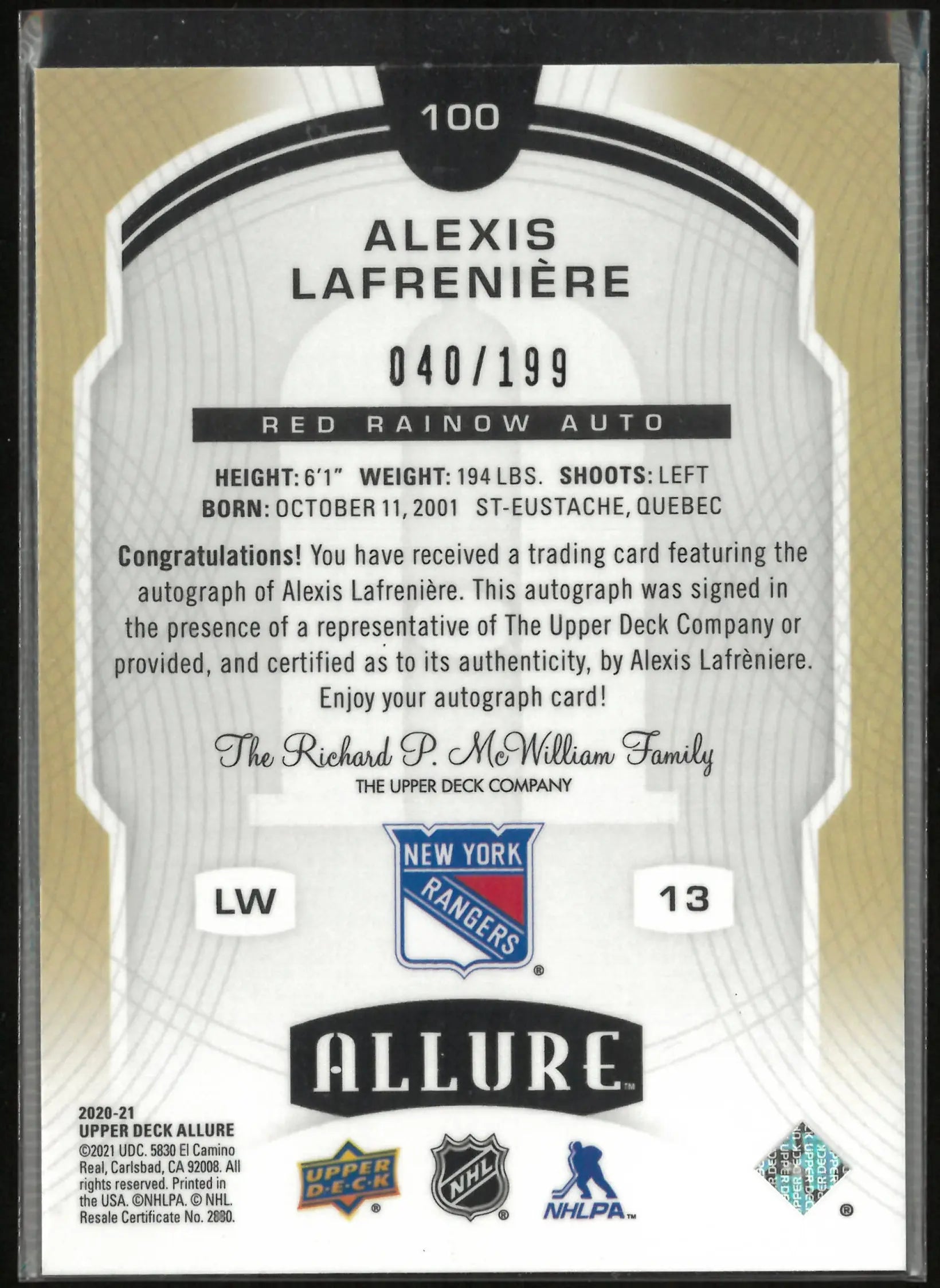 2020-21 Upper Deck Allure Rookie Autograph Alexis Lafreniere Red Pulsar /199 RC 