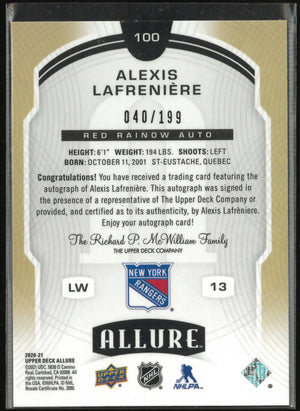 2020-21 Upper Deck Allure Rookie Autograph Alexis Lafreniere Red Pulsar /199 RC 