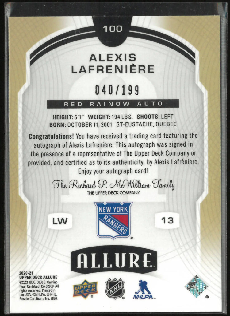 2020-21 Upper Deck Allure Rookie Autograph Alexis Lafreniere Red Pulsar /199 RC 