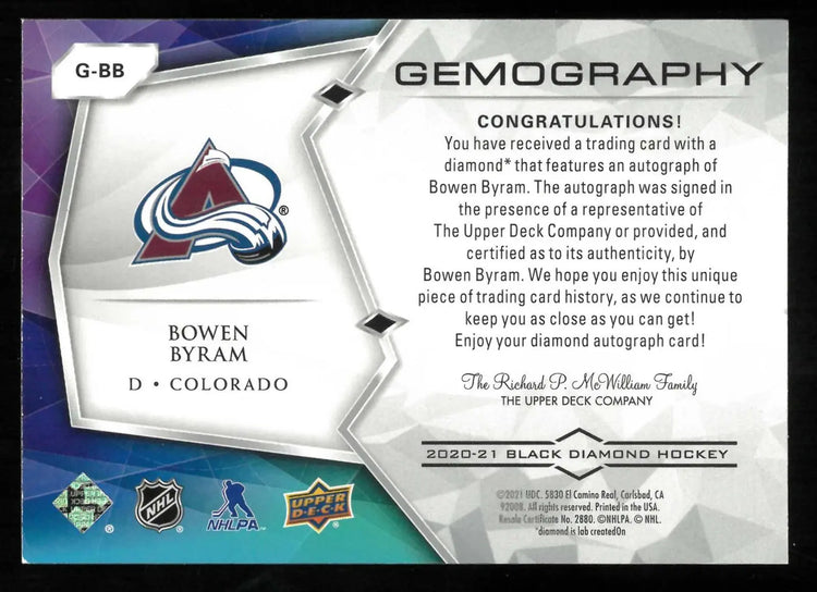 2020-21 Upper Deck Black Diamond Gemography Autograph  Bowen Byram Auto /25 