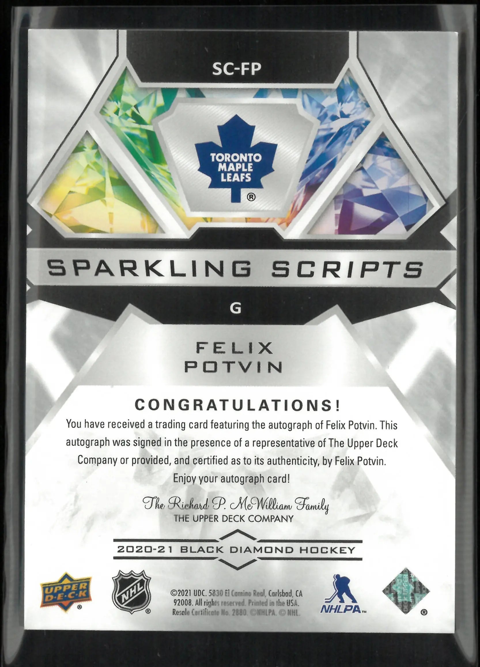 2020/21 Upper Deck Black Diamond Sparkling Scripts Autograph Felix Potvin Auto 
