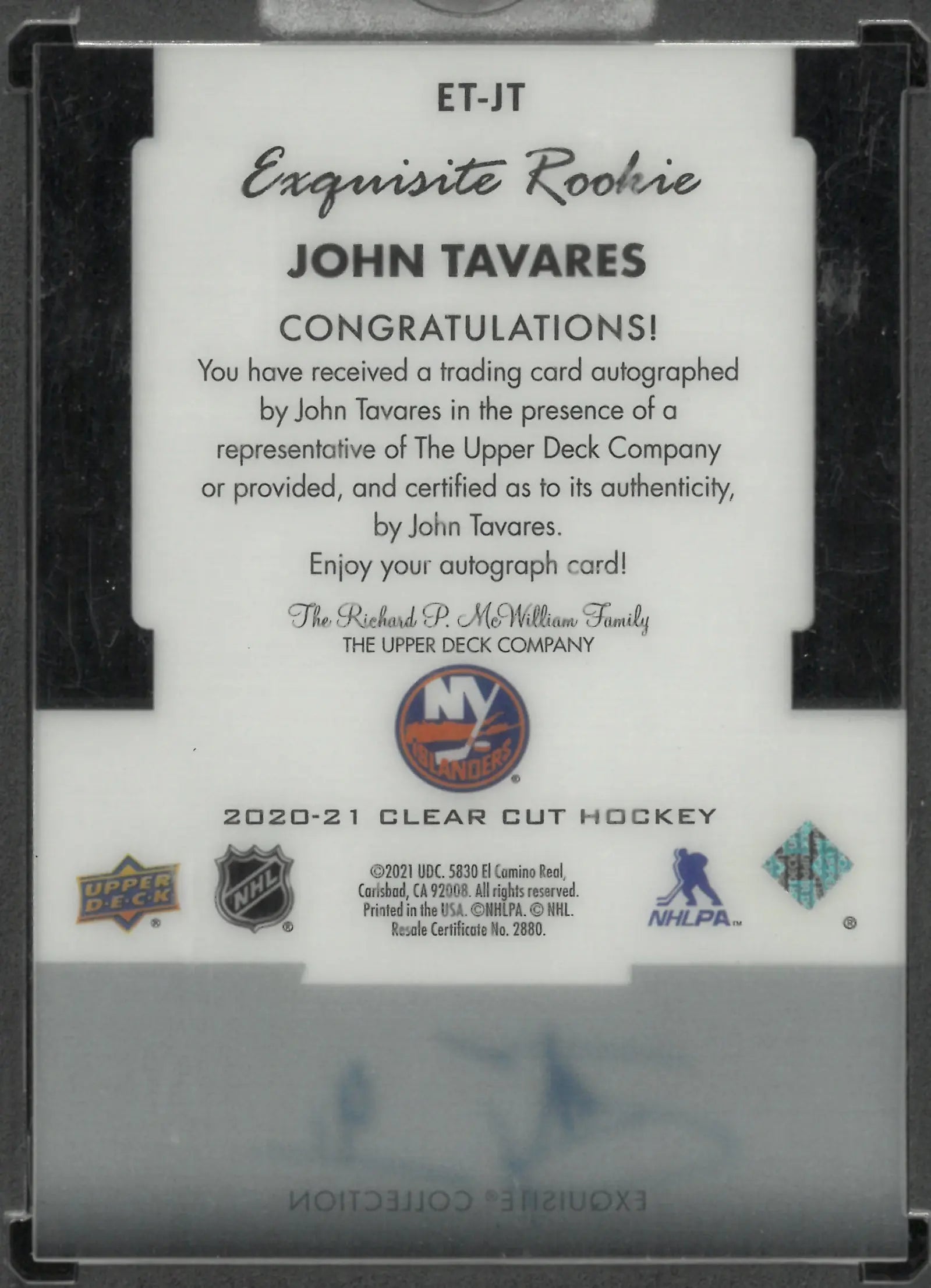 2020-21 Upper Deck Clear Cut Exquisite Rookie Autograph John Tavares Auto RC /25 