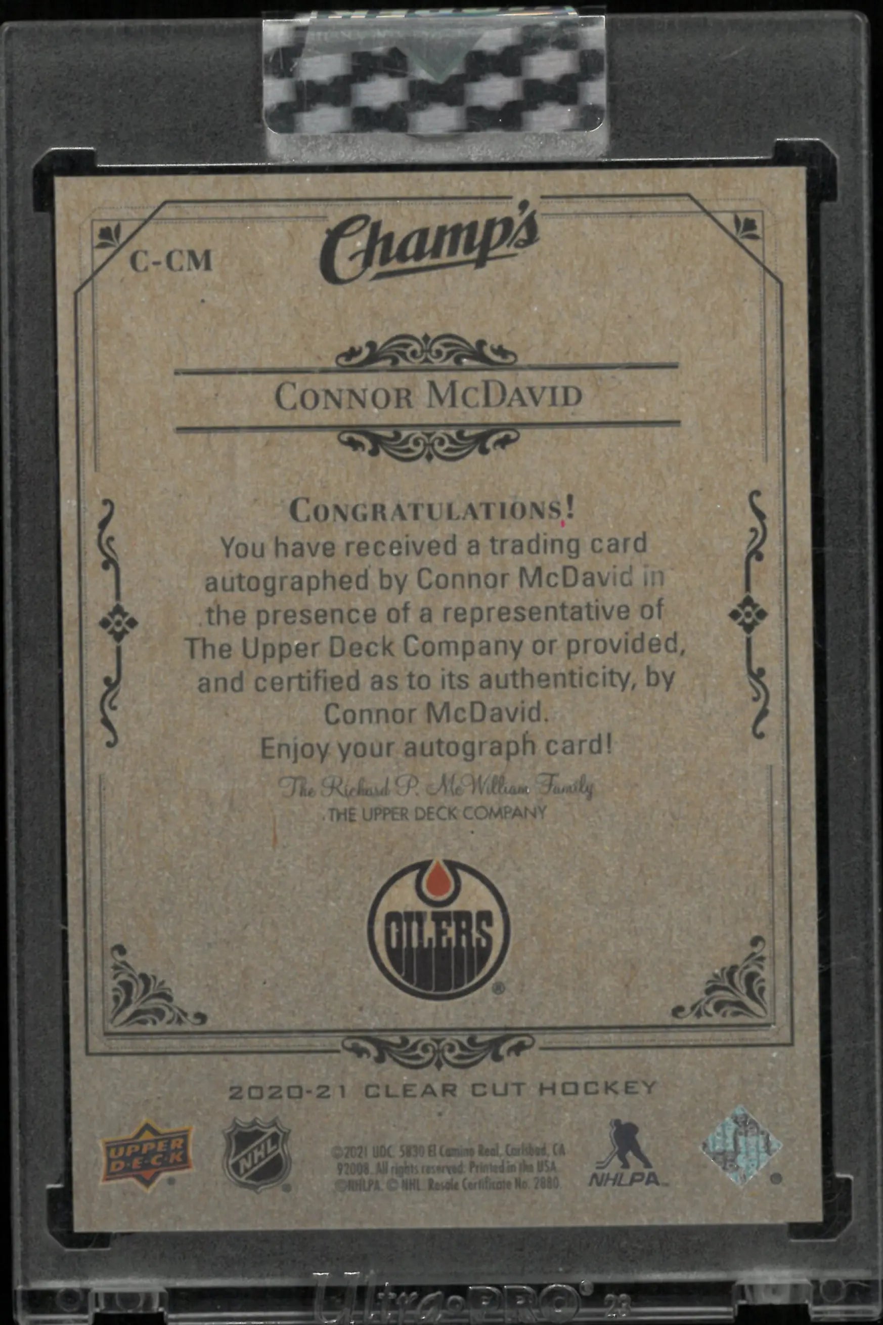 2020-21 Upper Deck Clear Cut Hockey Connor McDavid Champs Auto /25 