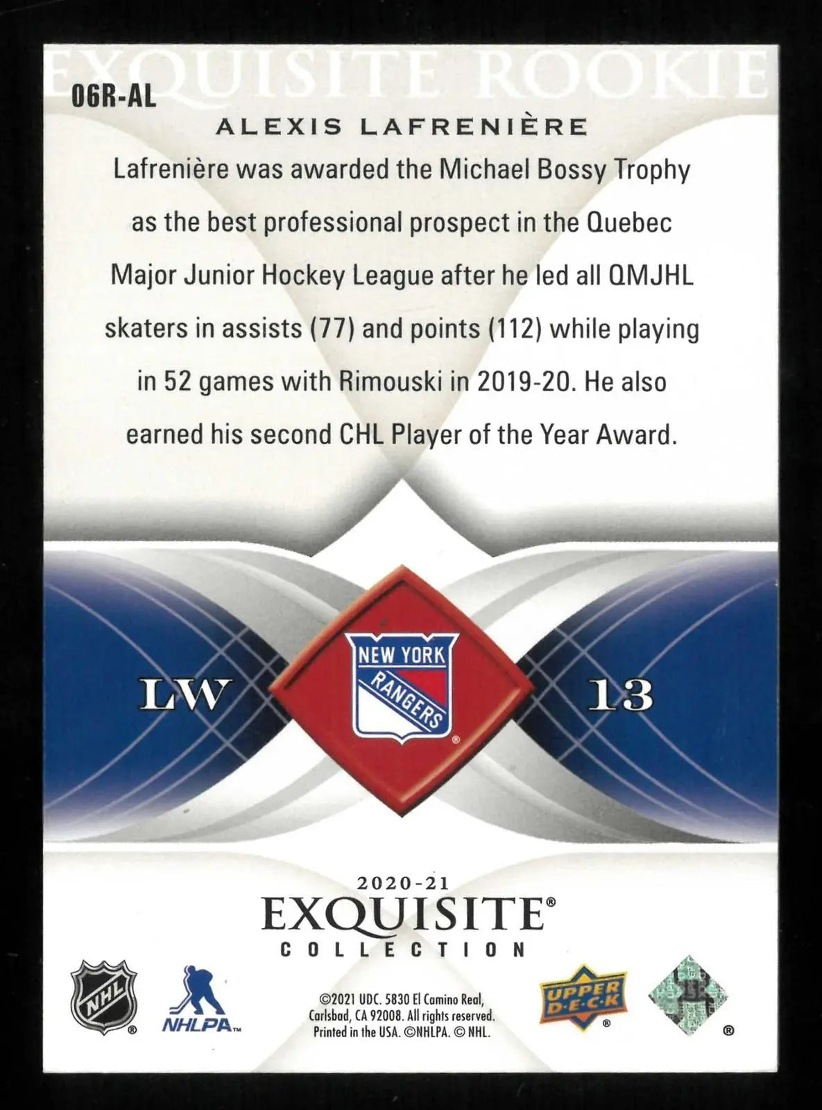 2020-21 Upper Deck Exquisite Rookie 1st Overall Pick Alexis Lafreniere /299 RC 