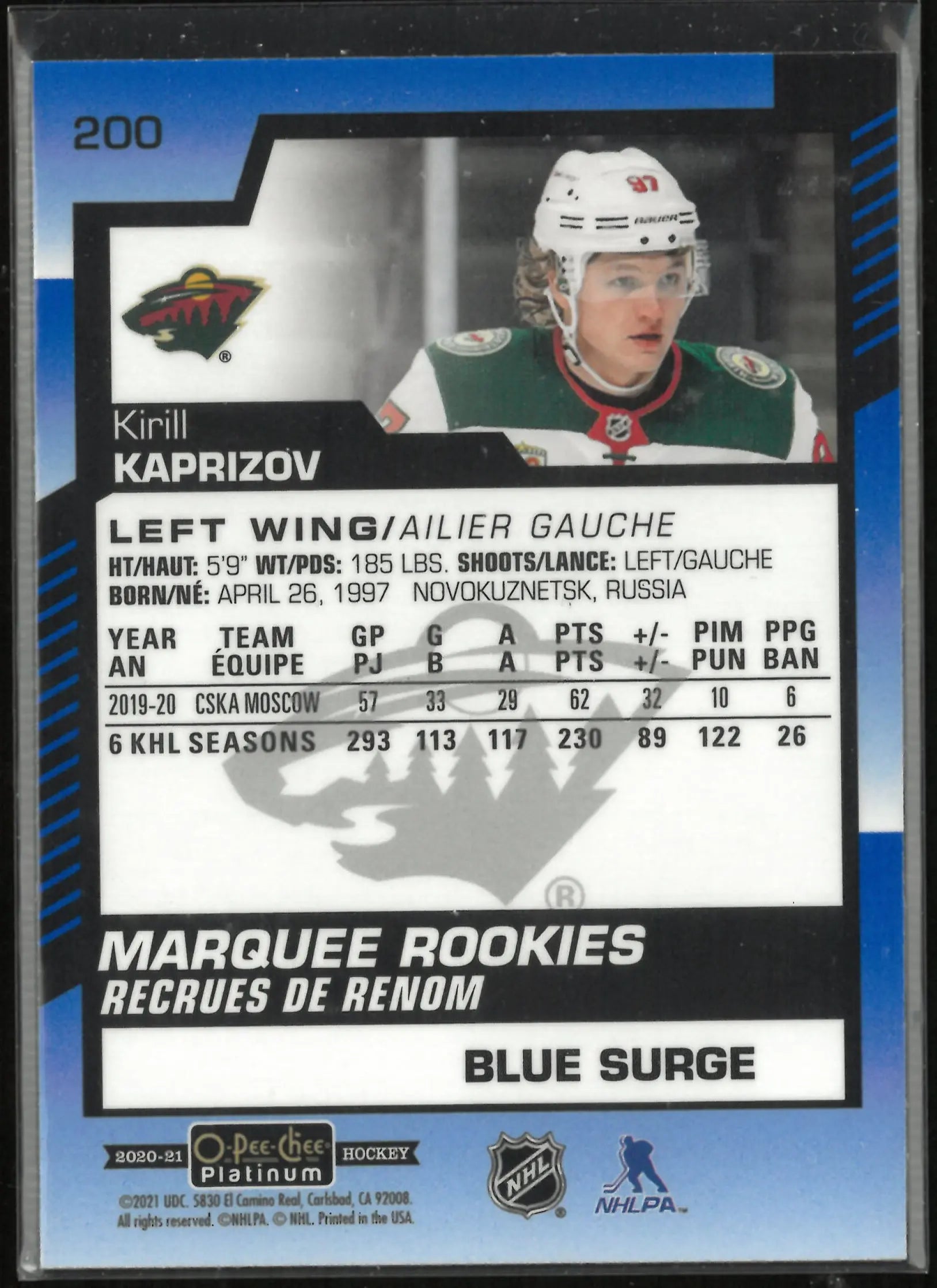 2020-21 Upper Deck O-Pee-Chee Platinum Marquee Rookie Kirill Kaprizov Blue Surge 