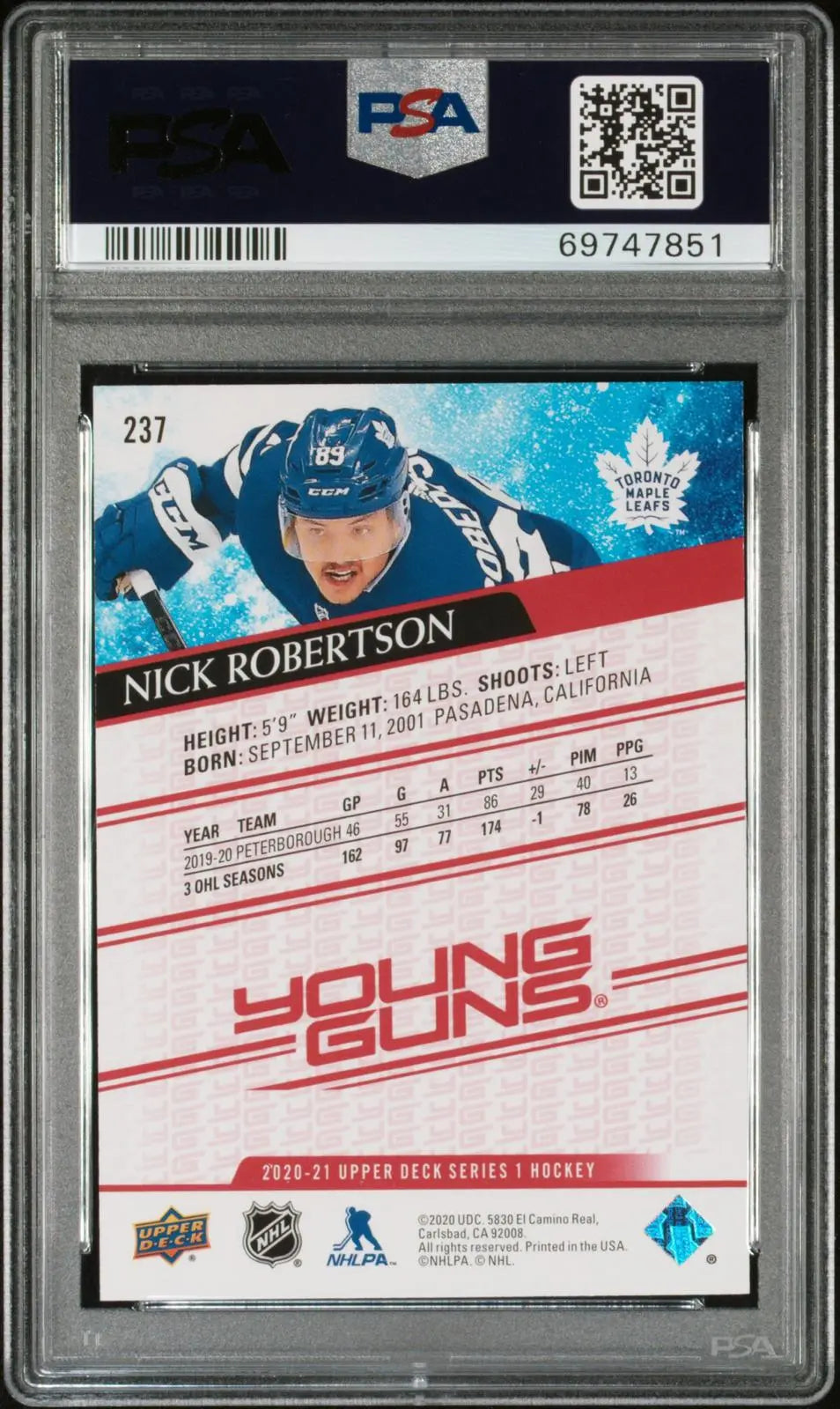 2020-21 Upper Deck Rookie Young Guns Nick Robertson RC UD Exclusives /100 PSA 9 