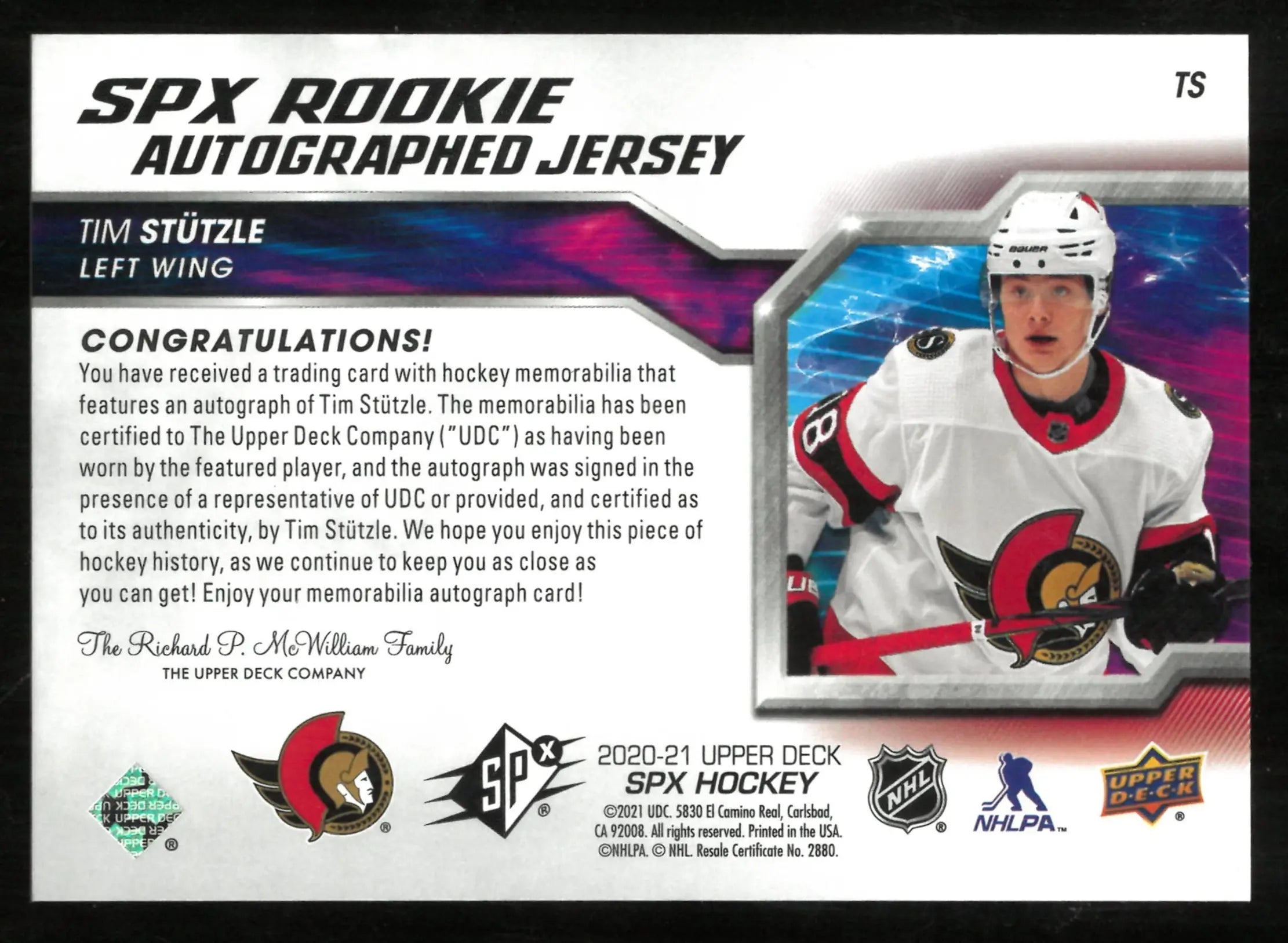 2020-21 Upper Deck SPX Tim Stutzle RC Rookie Patch Auto /165 