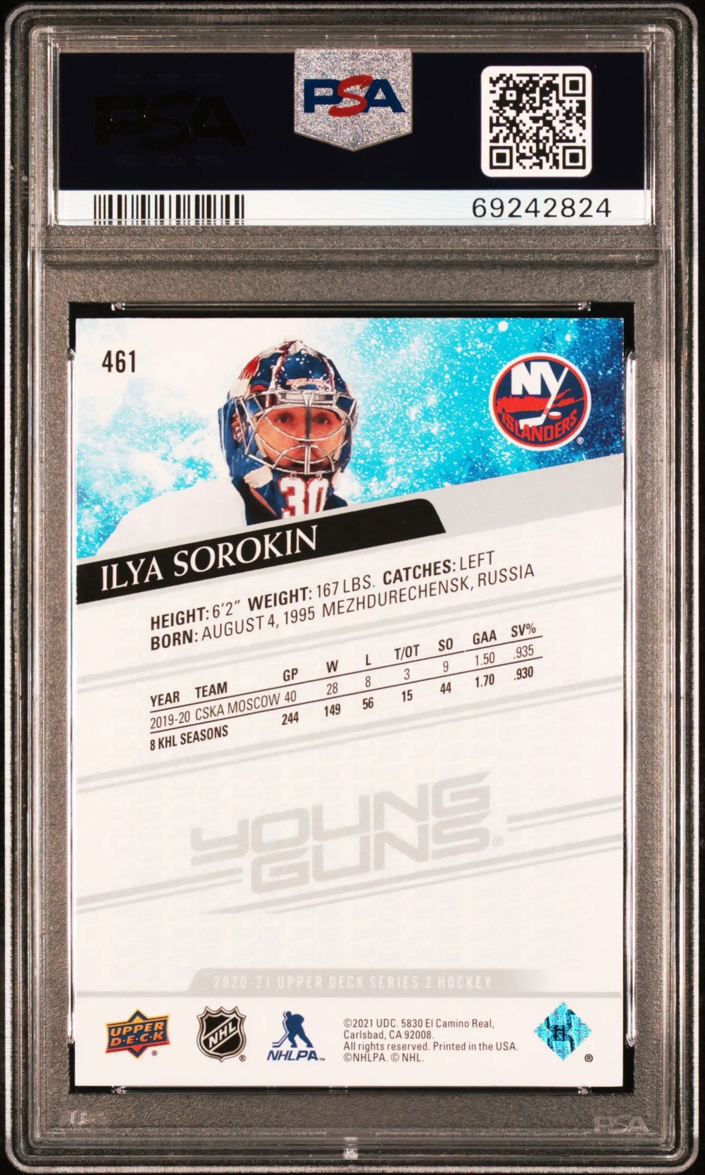 2020-21 Upper Deck Series 2 Ilya Sorokin Young Guns RC Rookie PSA 10 