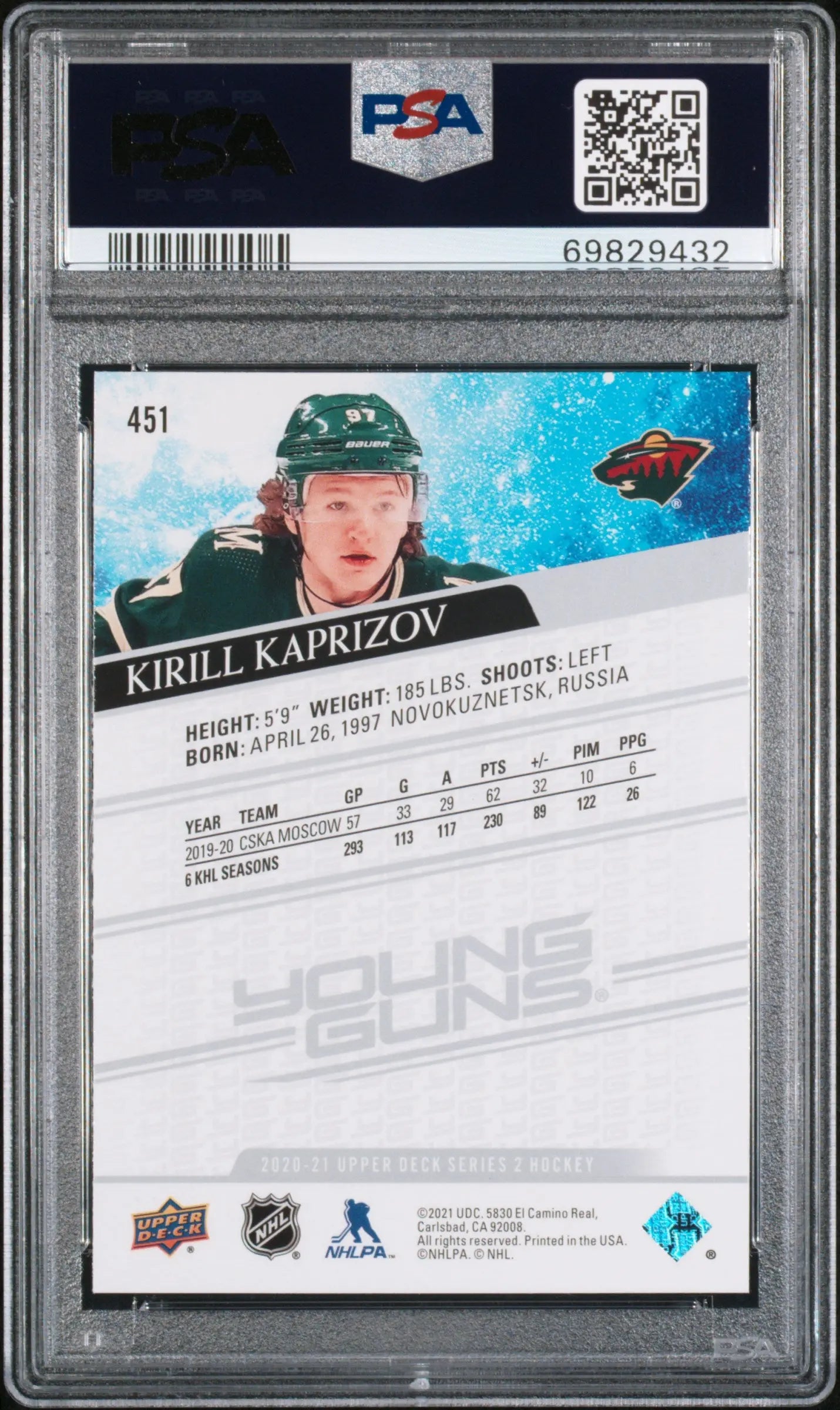 2020-21 Upper Deck Series 2 Kirill Kaprizov Young Guns RC Rookie #451 PSA 10 