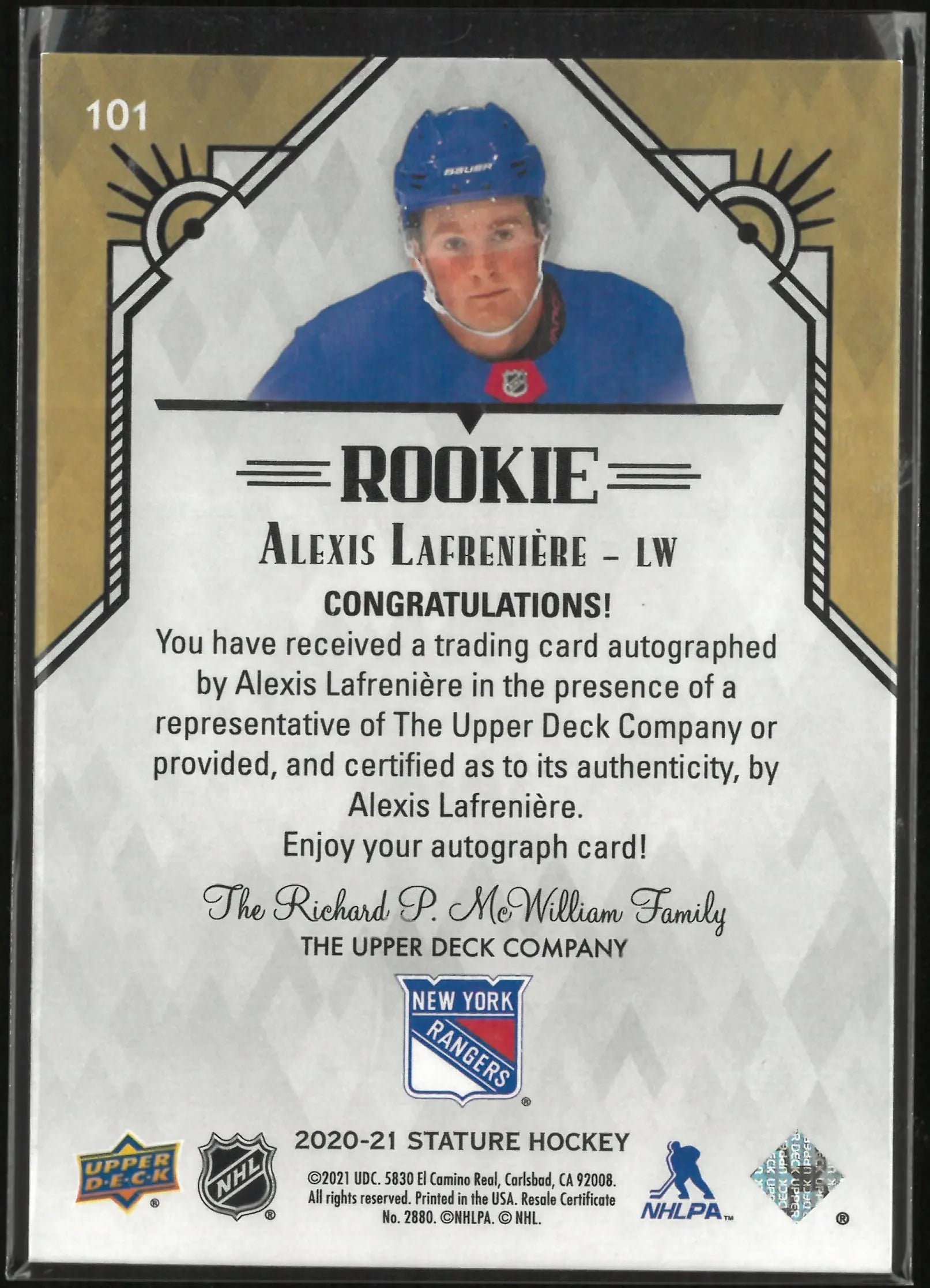 2020-21 Upper Deck Stature Rookie Autograph Alexis Lafreniere Auto /85 RC 