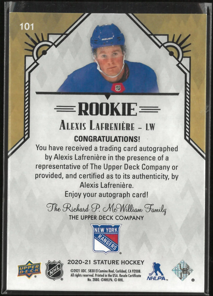 2020-21 Upper Deck Stature Rookie Autograph Alexis Lafreniere Auto /85 RC 