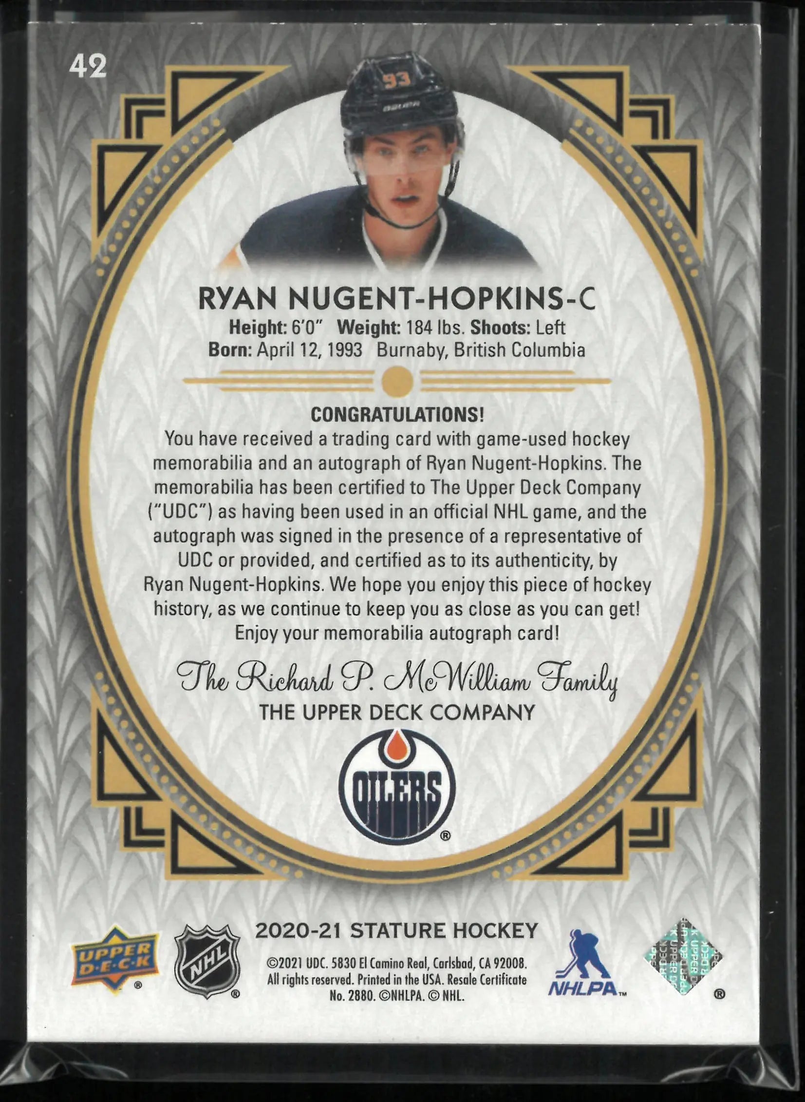 2020-21 Upper Deck Stature Ryan Nugent-Hopkins Autograph Patch Auto /12 
